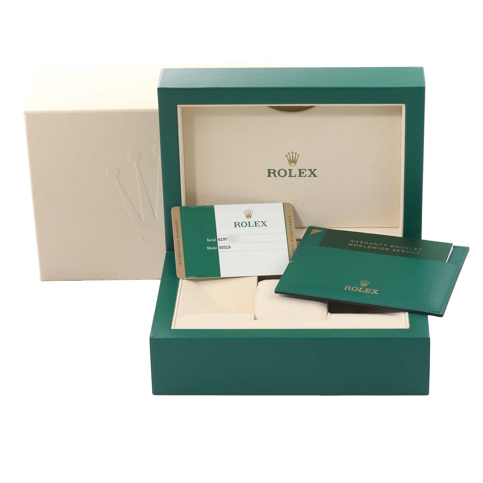 The image shows the packaging, warranty card, and booklet accessories for a Rolex Cellini 50519 Men
s White Gold Blue Dial 50519 Men
s White Gold Blue Dial watch.