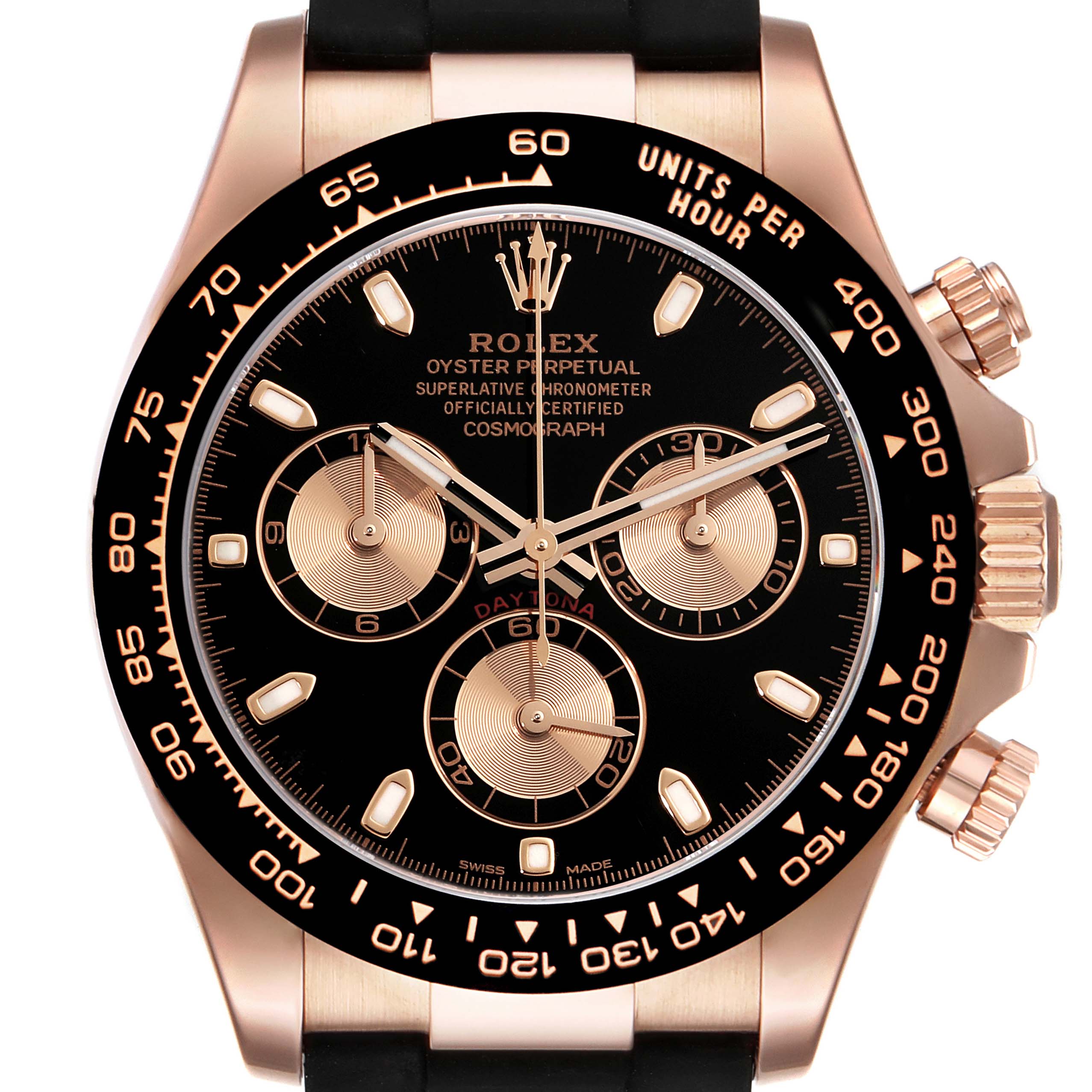 The image shows a front view of the Rolex Daytona 116515LN Men's Rose Gold Black Dial 116515LN Men's Rose Gold Black Dial, highlighting the dial, chronograph sub-dials, and bezel.