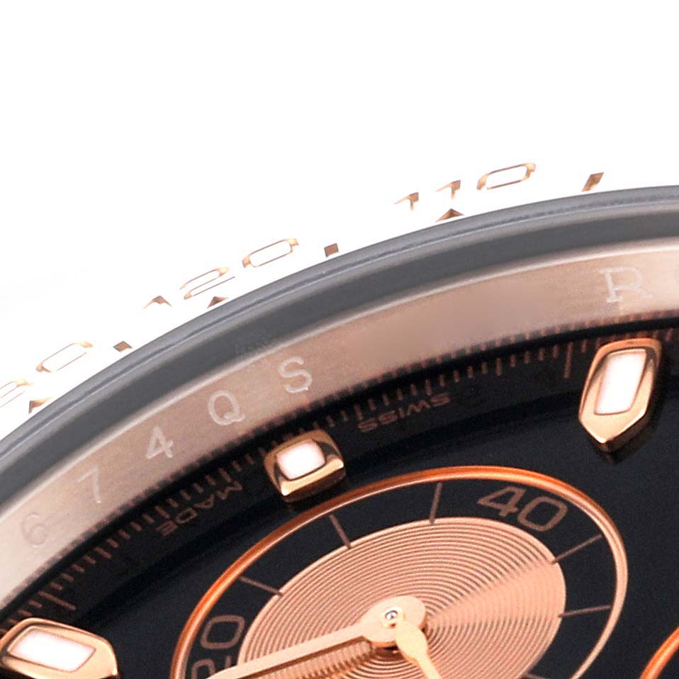 This close-up image of a Rolex Daytona 116515LN Men's Rose Gold Black Dial 116515LN Men's Rose Gold Black Dial watch shows the dial, hands, indices, and partial bezel.