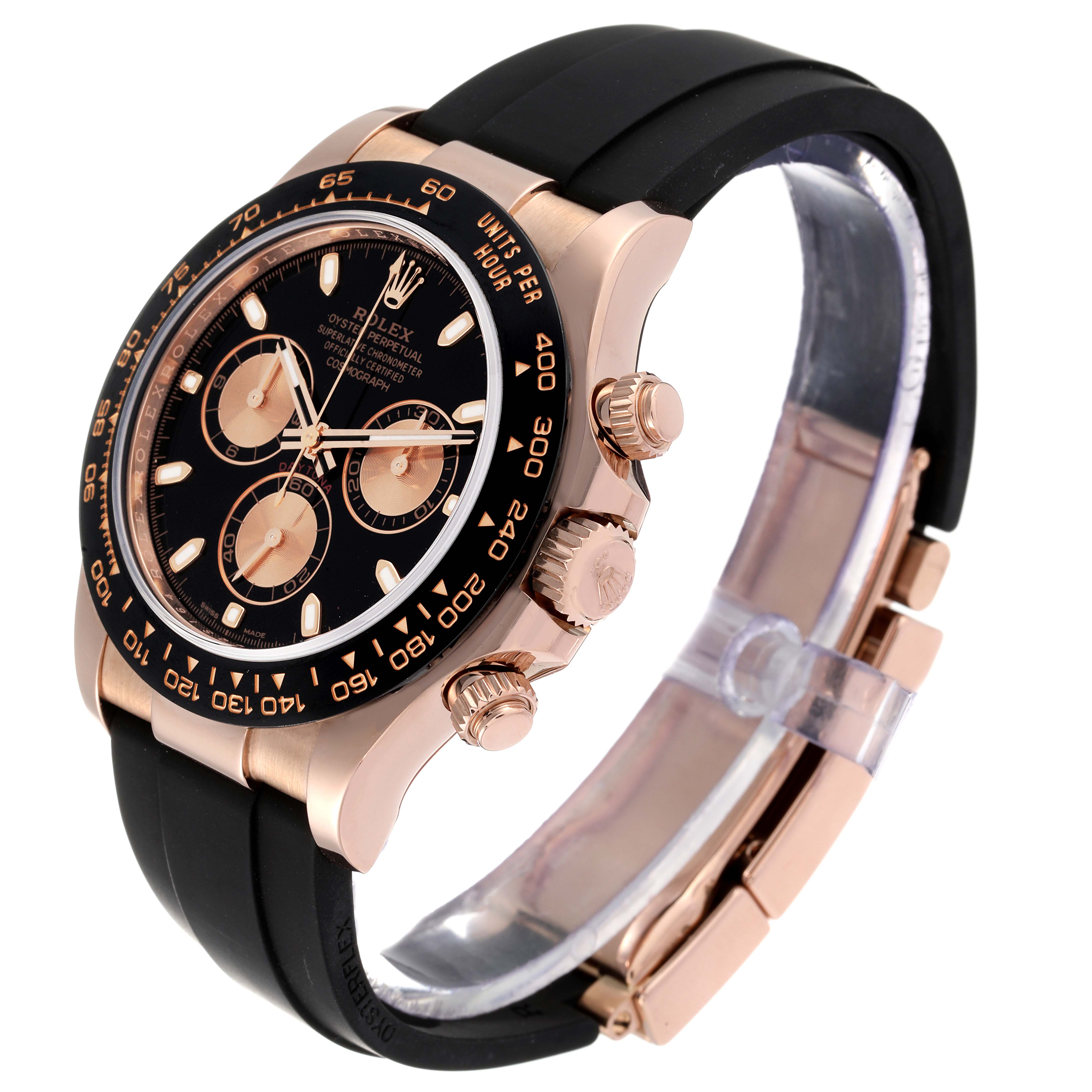 This image shows a side angle of the Rolex Daytona 116515LN Men's Rose Gold Black Dial 116515LN Men's Rose Gold Black Dial watch, highlighting its bezel, dial, pushers, crown, and strap.