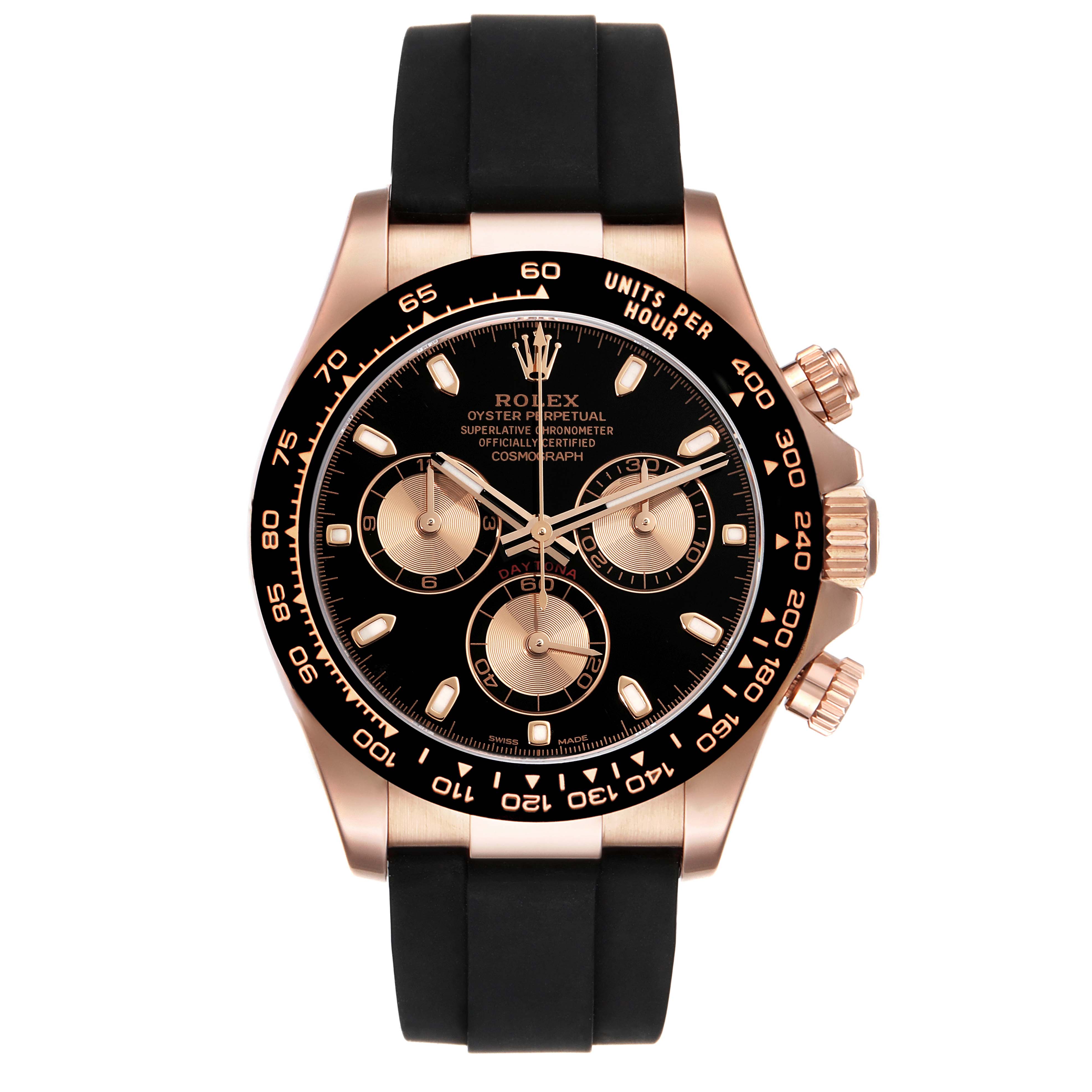 The Rolex Daytona 116515LN Men's Rose Gold Black Dial 116515LN Men's Rose Gold Black Dial watch is shown from a straight-on angle, highlighting the face, bezel, crown, sub-dials, and strap.