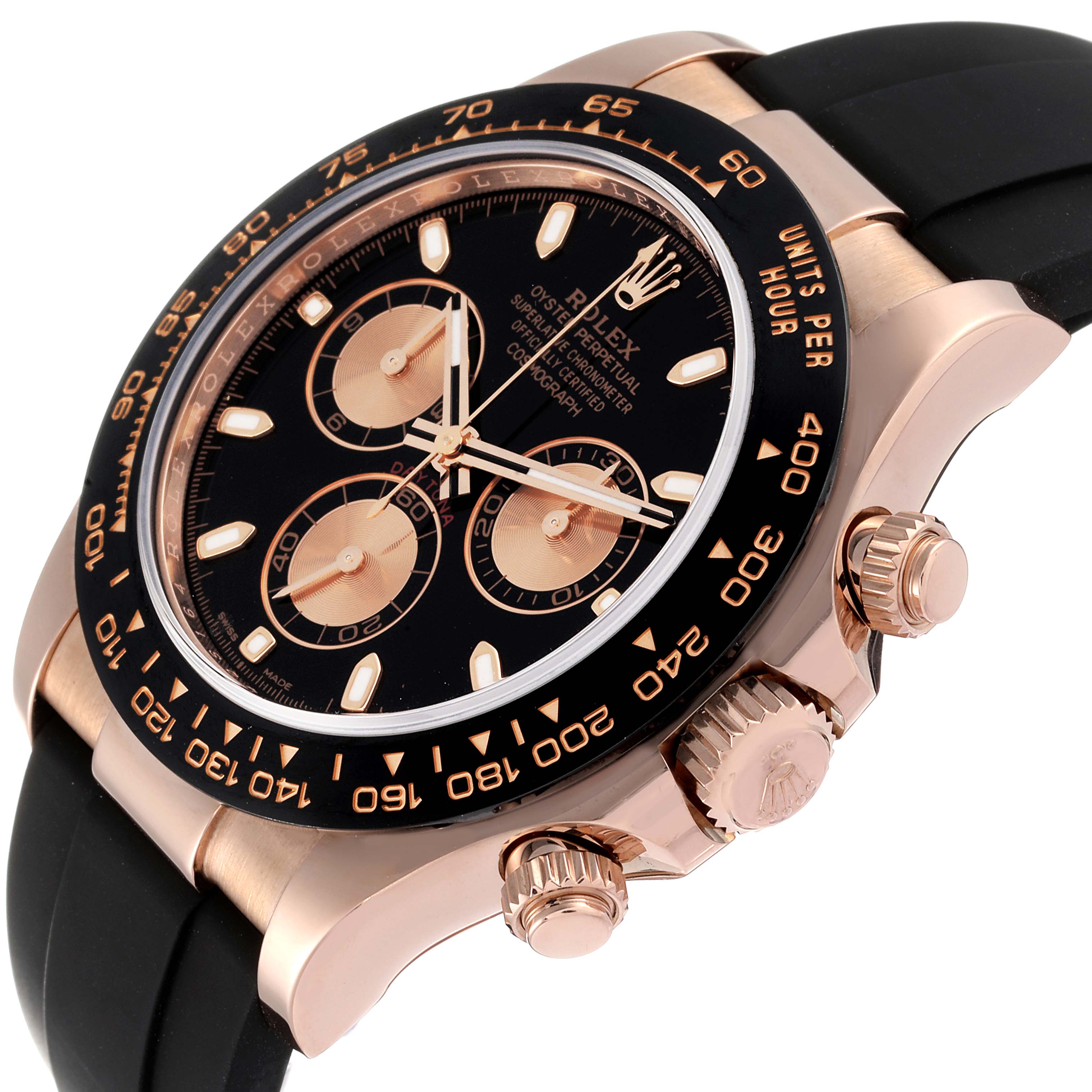 This image shows a side-angle view of a Rolex Daytona 116515LN Men's Rose Gold Black Dial 116515LN Men's Rose Gold Black Dial watch, highlighting the case, bezel, and dial.