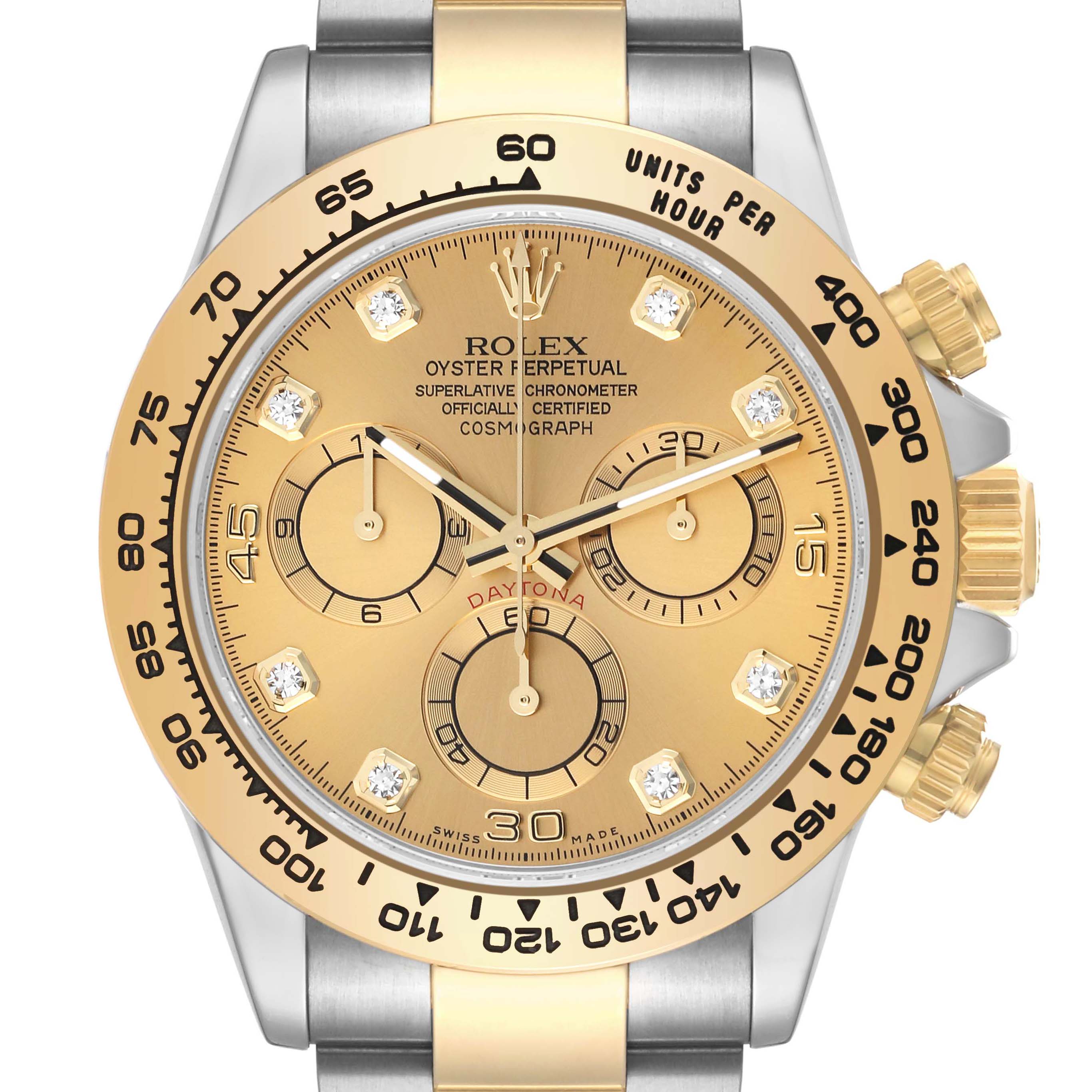 This image shows a front view of a Rolex Daytona 116503 Men's Steel and Gold (two tone) Champagne Dial 116503 Men's Steel and Gold (two tone) Champagne Dial watch, displaying its gold dial, chronograph subdials, and stainless steel and gold bracelet.