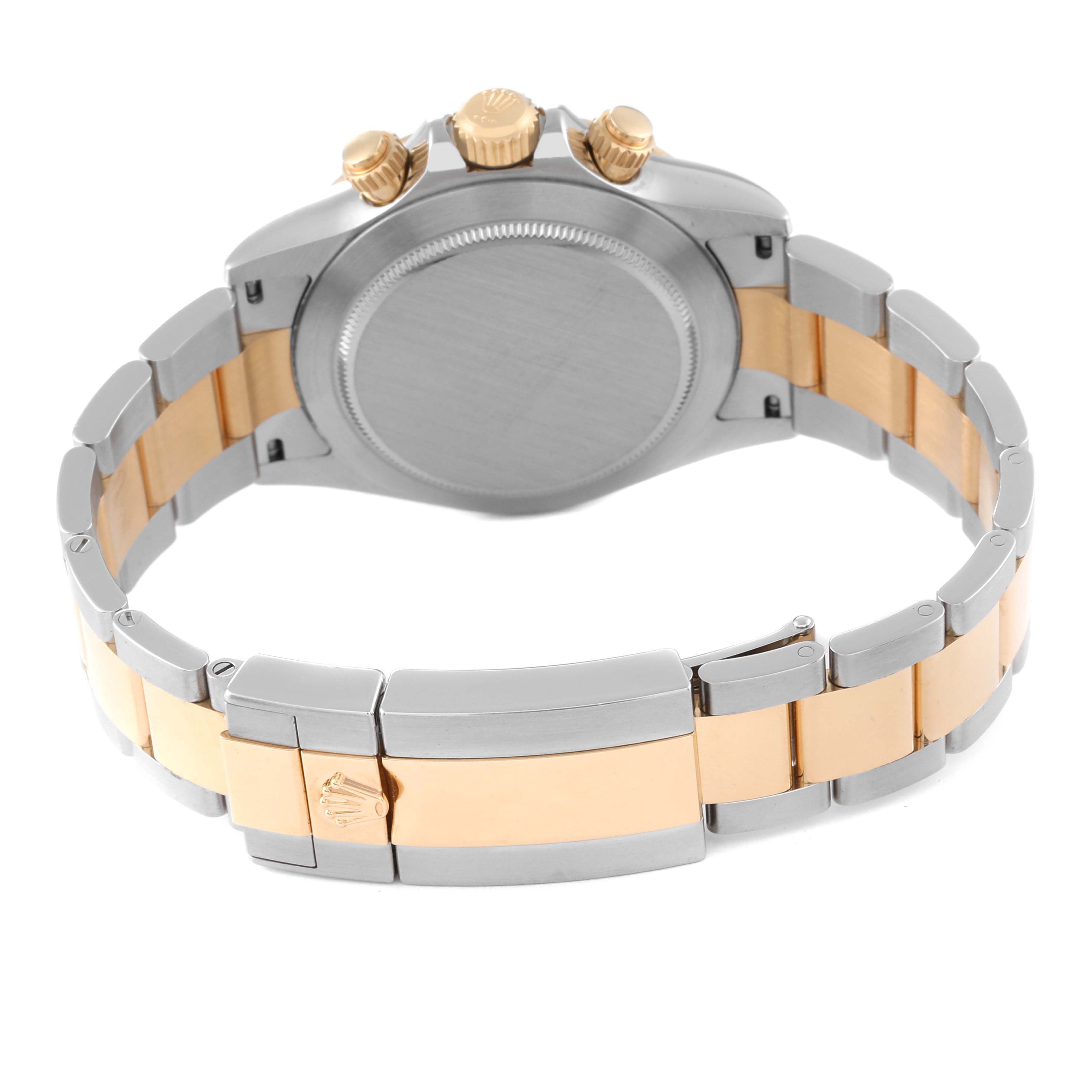 This image shows the back case and bracelet of the Rolex Daytona 116503 Men's Steel and Gold (two tone) Champagne Dial 116503 Men's Steel and Gold (two tone) Champagne Dial watch, highlighting the two-tone gold and silver band.