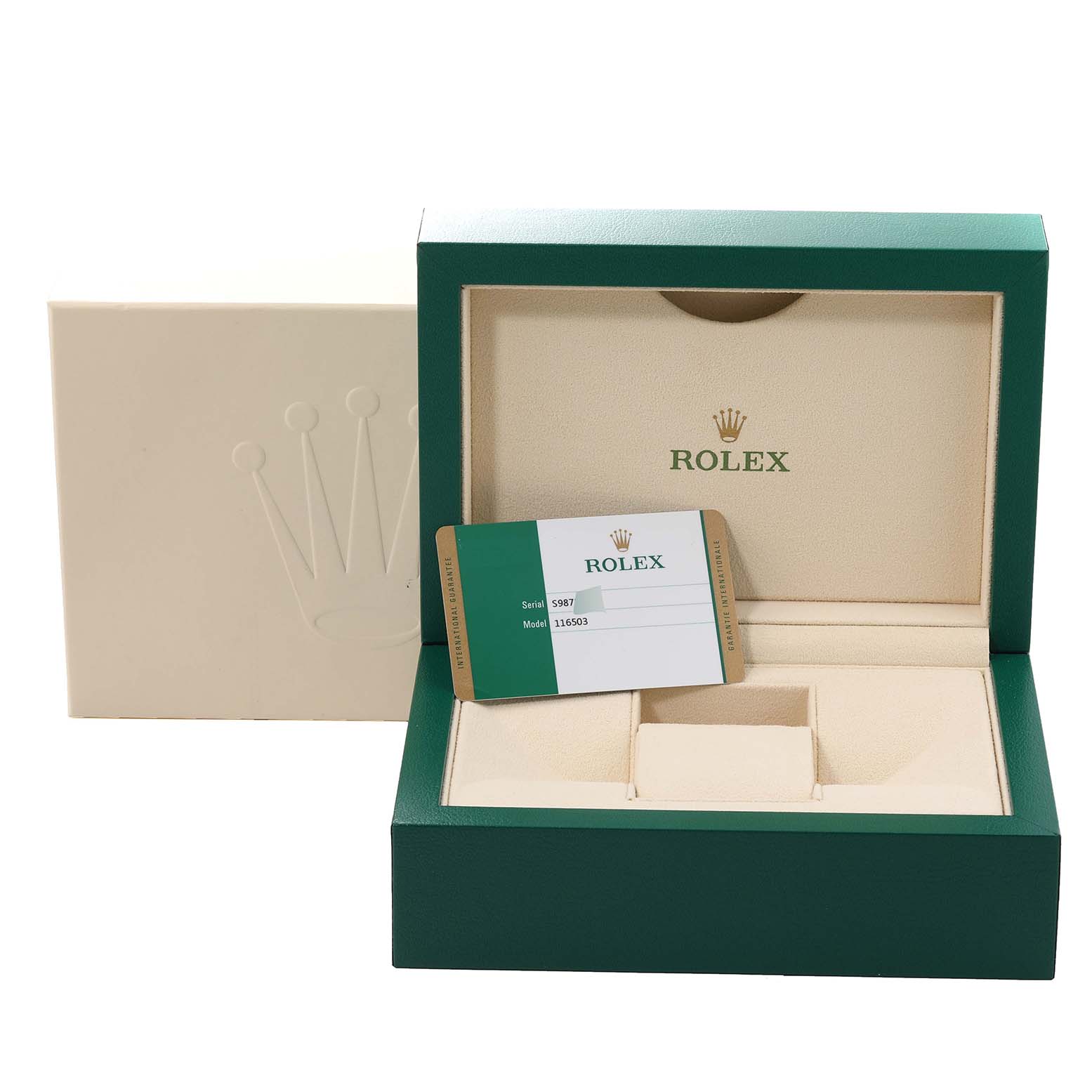 The image shows an open Rolex Daytona 116503 Men's Steel and Gold (two tone) Champagne Dial 116503 Men's Steel and Gold (two tone) Champagne Dial watch box with a warranty card placed inside.