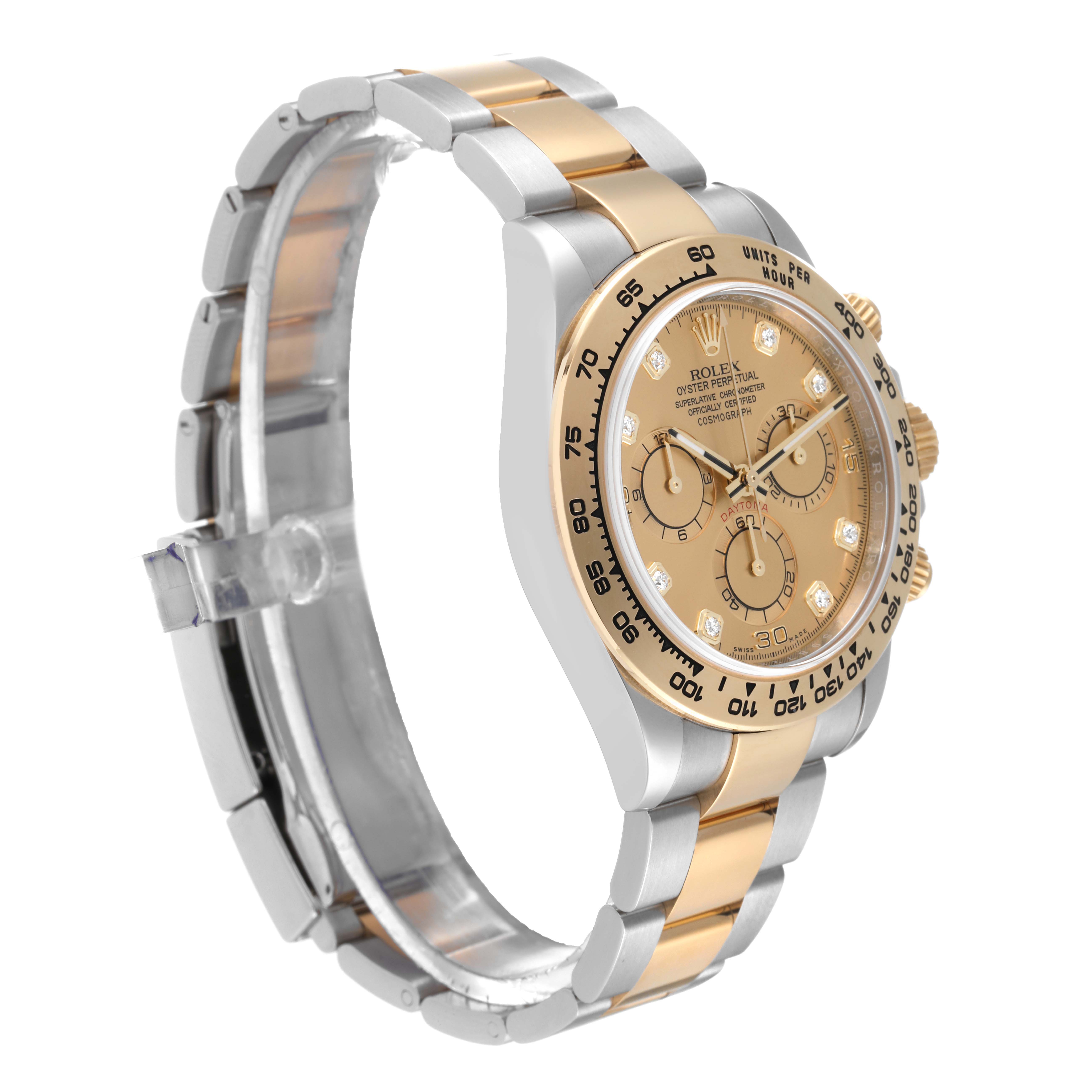 This image shows a side-angle view of the Rolex Daytona 116503 Men's Steel and Gold (two tone) Champagne Dial 116503 Men's Steel and Gold (two tone) Champagne Dial watch, displaying its bracelet, case, and dial.