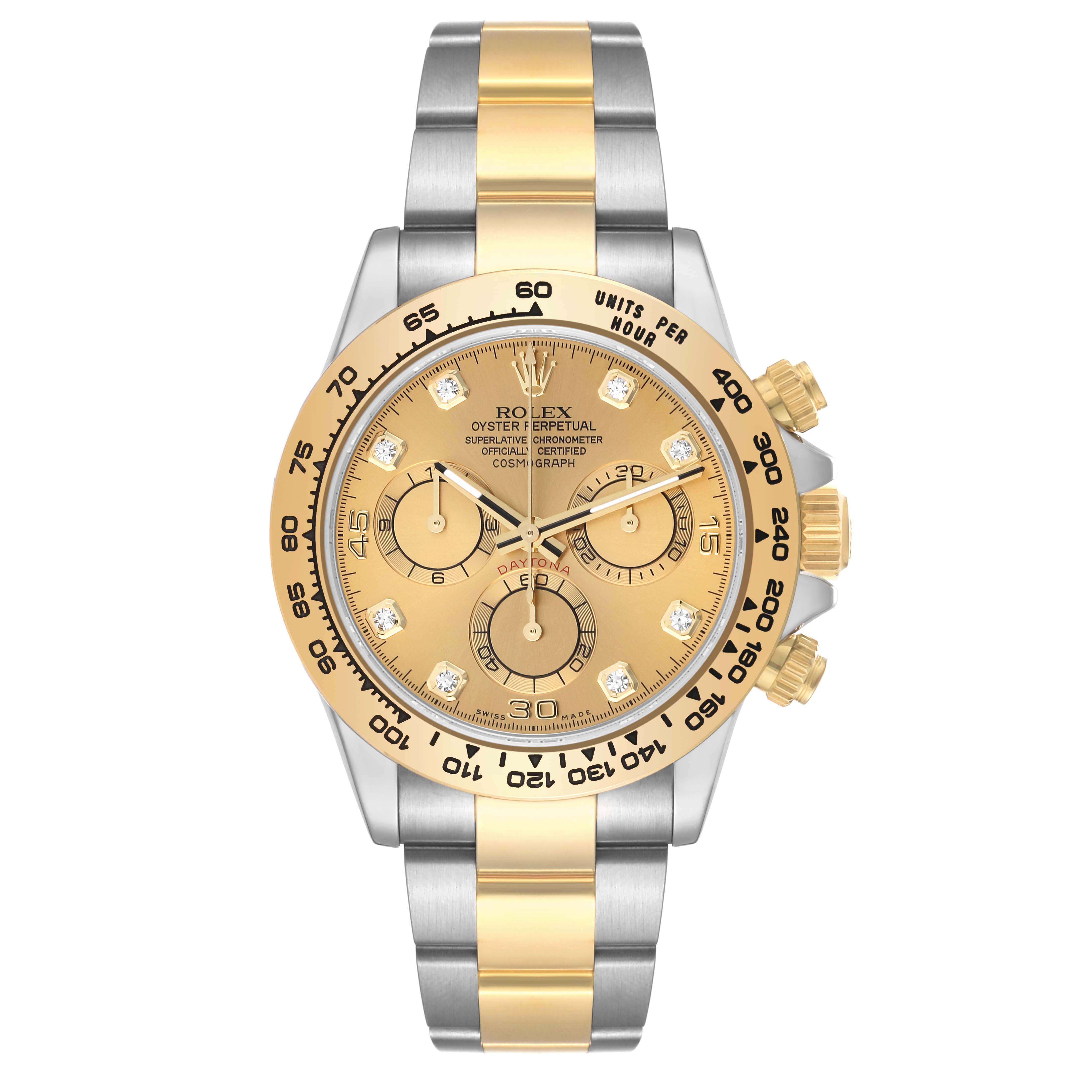 This image shows a frontal view of the Rolex Daytona 116503 Men's Steel and Gold (two tone) Champagne Dial 116503 Men's Steel and Gold (two tone) Champagne Dial watch, featuring a gold bezel, dial, and two-tone bracelet.