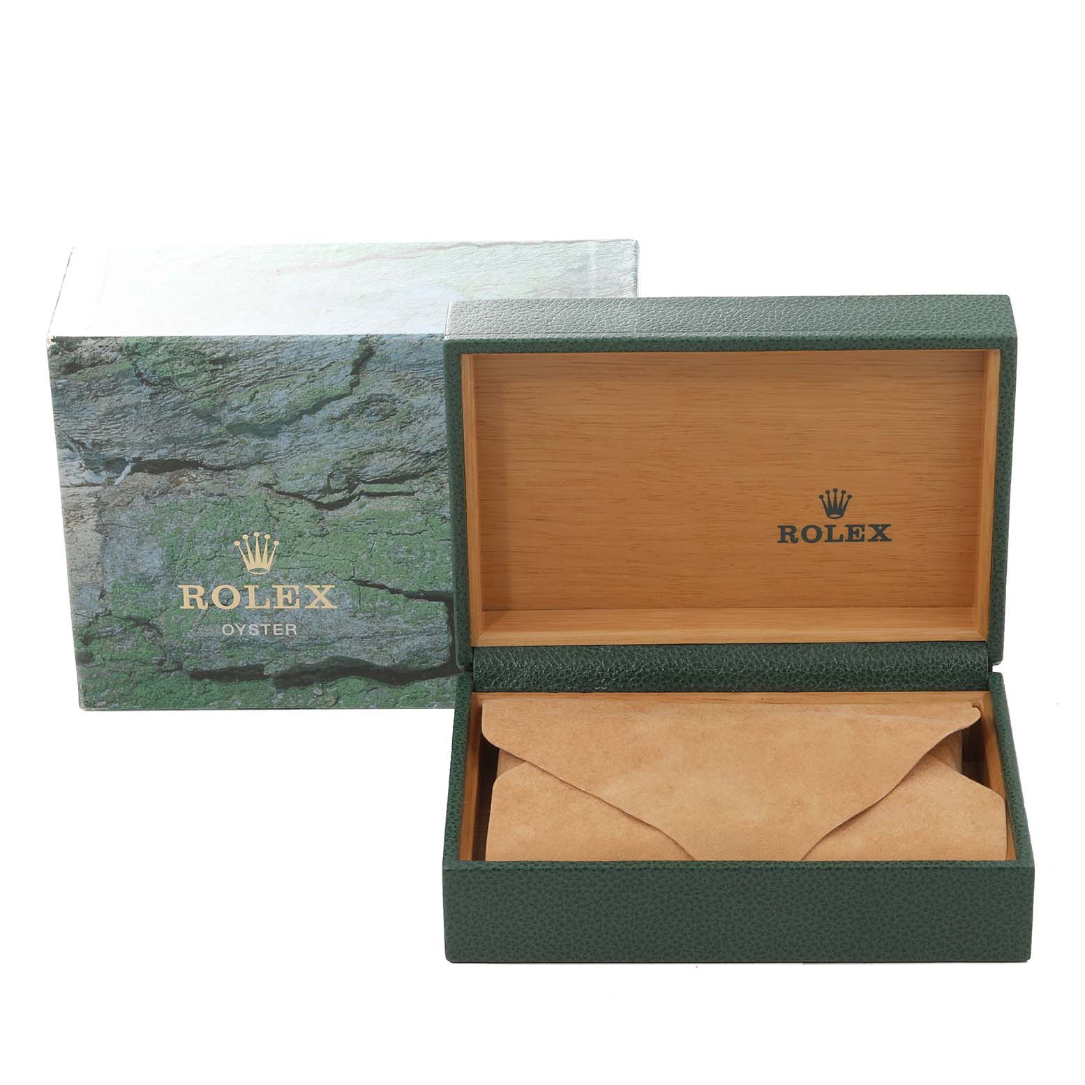The image shows the packaging box for the Rolex Date 15210 Men's Stainless Steel Black Dial 15210 Men's Stainless Steel Black Dial model watch, with the lid open revealing the interior.