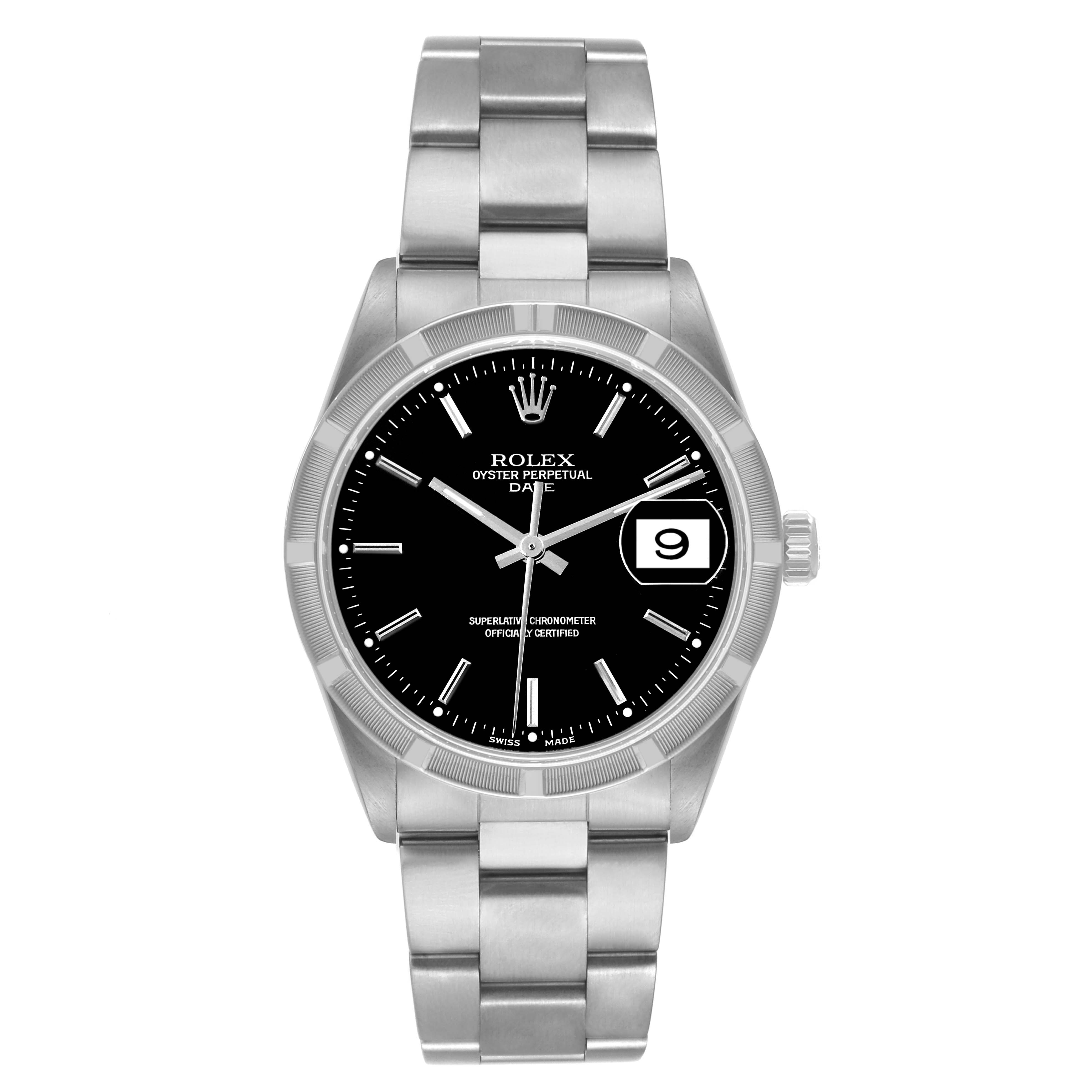 This Rolex Date 15210 Men's Stainless Steel Black Dial 15210 Men's Stainless Steel Black Dial model watch is shown from a top-down angle, displaying the dial, bezel, date window, crown, and bracelet.