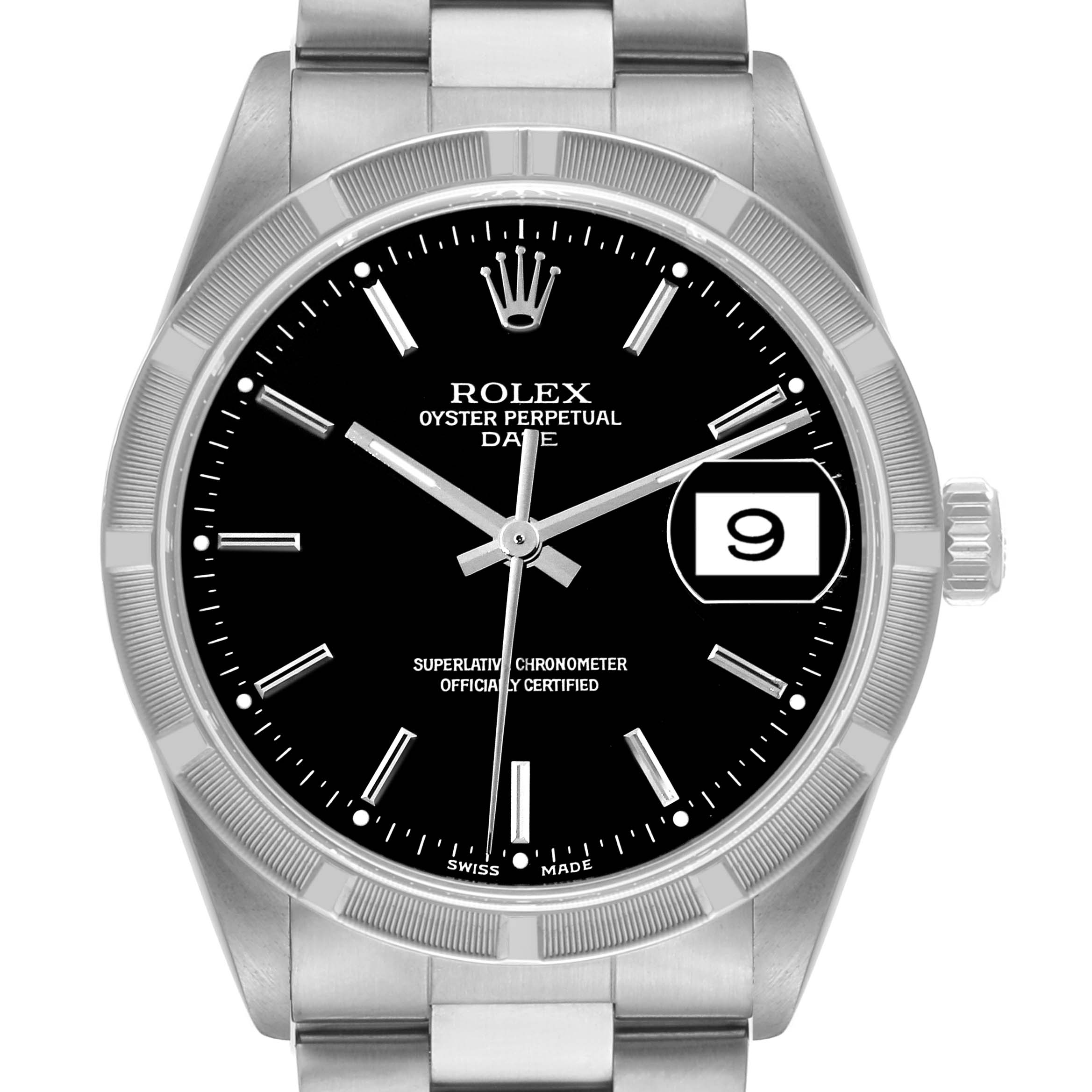 This image shows a Rolex Date 15210 Men's Stainless Steel Black Dial 15210 Men's Stainless Steel Black Dial model watch straight-on, displaying the dial, bezel, crown, and part of the bracelet.