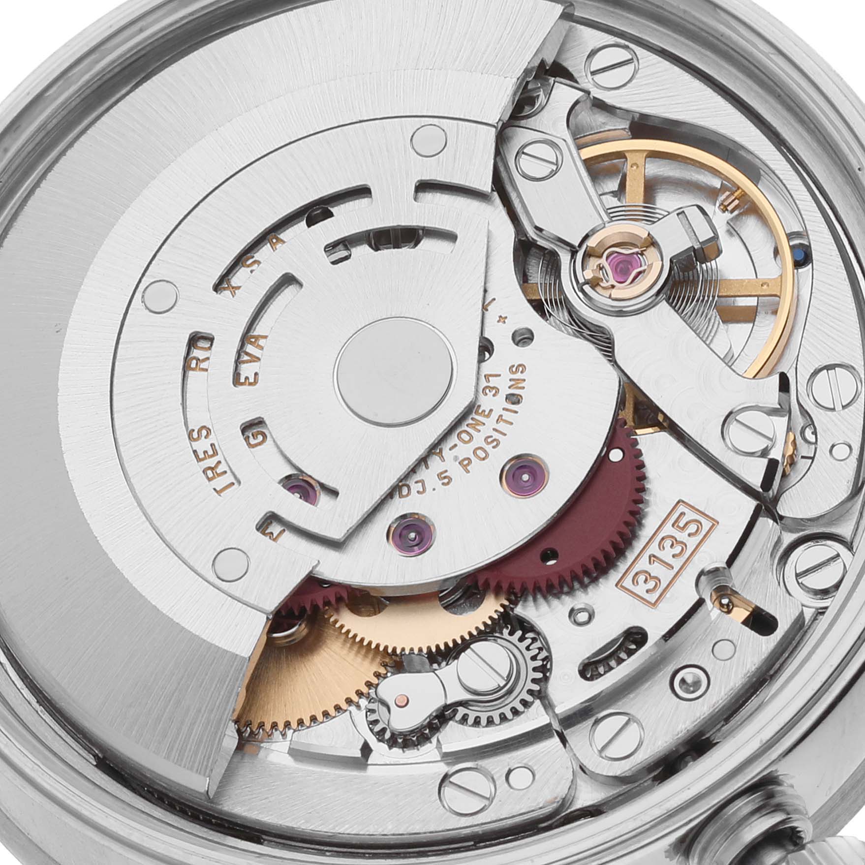 The image shows the internal mechanism of a Rolex Date 15210 Men's Stainless Steel Black Dial 15210 Men's Stainless Steel Black Dial model watch, highlighting gears and springs from a close-up angle.