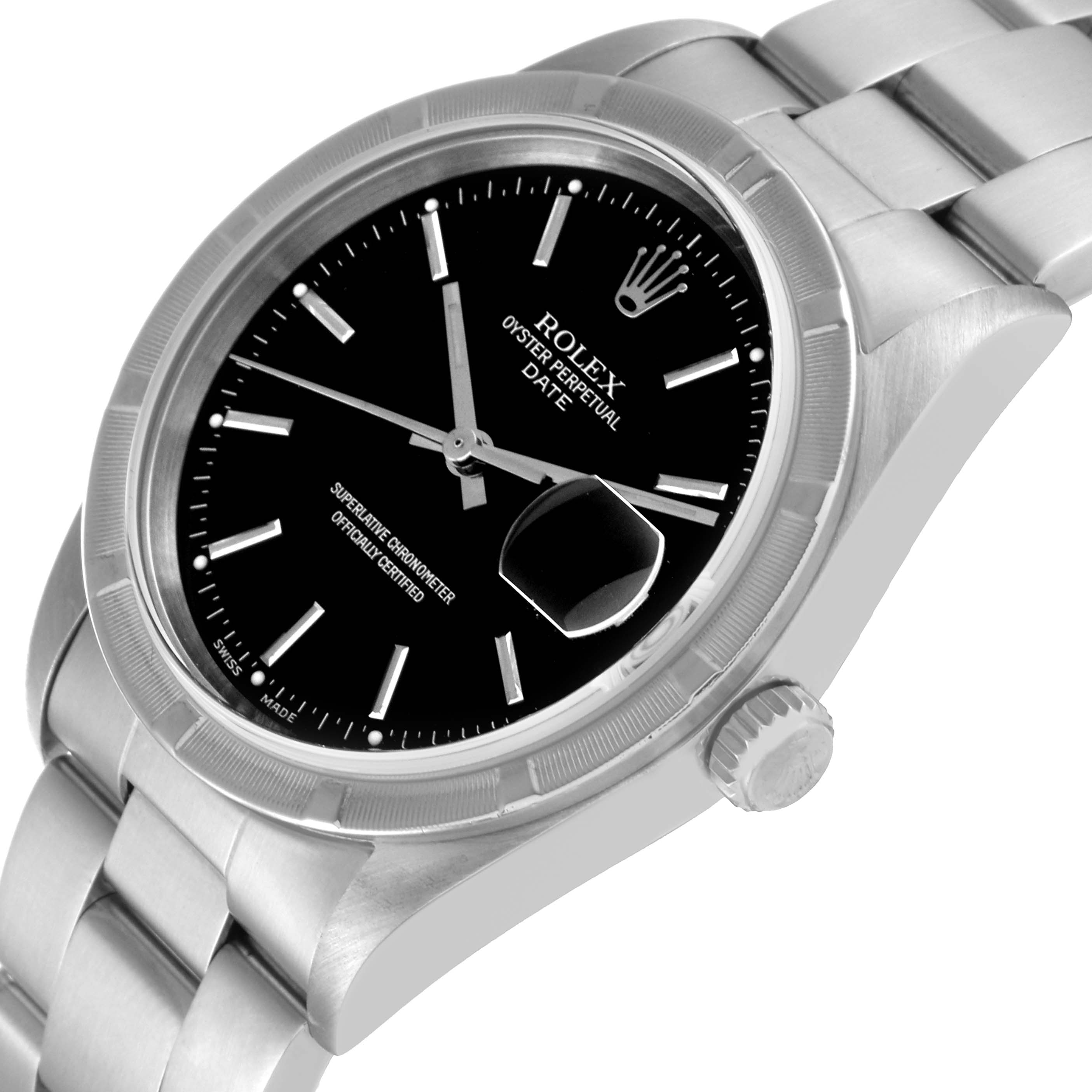 This image shows a side angle of the Rolex Date 15210 Men's Stainless Steel Black Dial 15210 Men's Stainless Steel Black Dial Oyster Perpetual watch, highlighting its dial, bezel, crown, and bracelet.