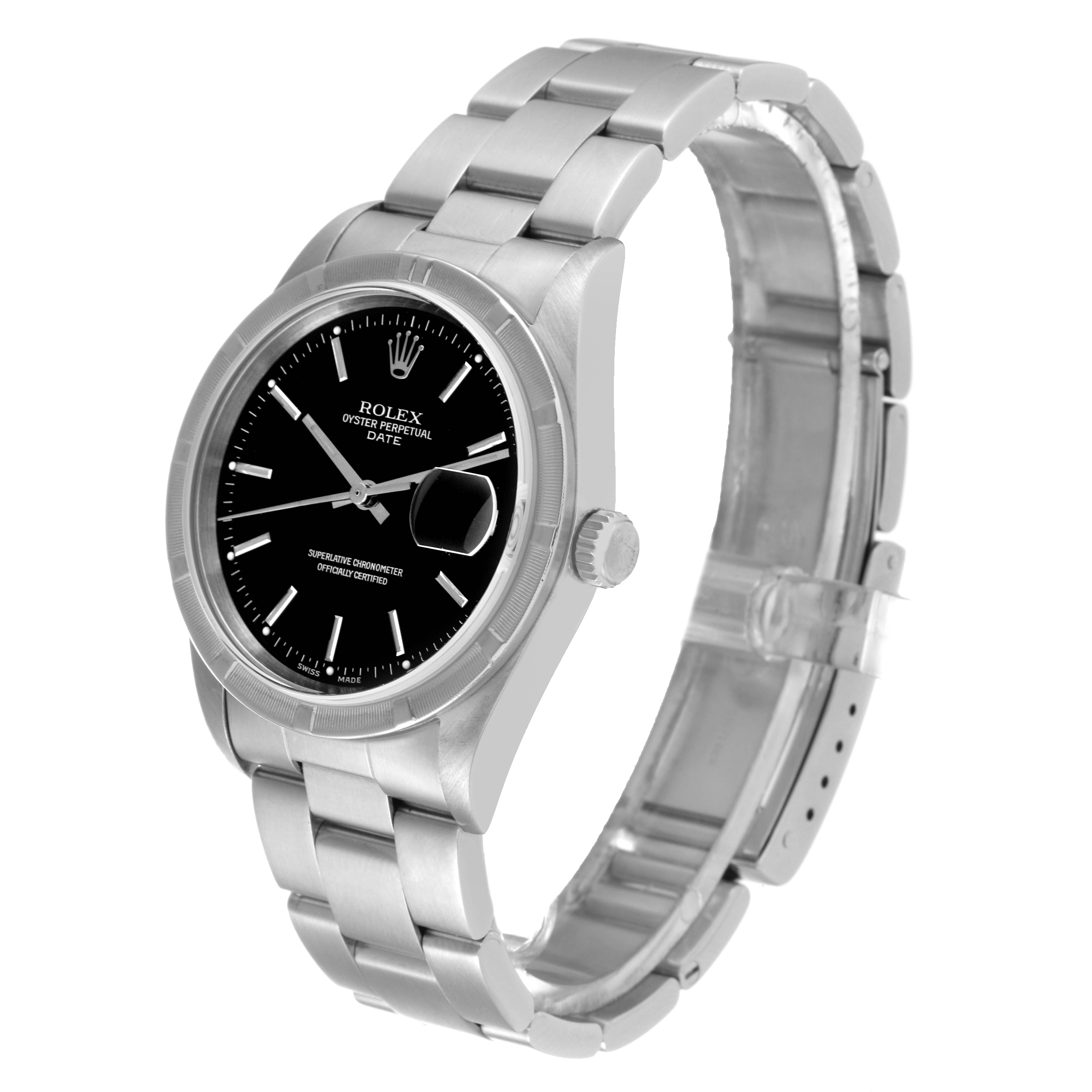 The image shows a Rolex Date 15210 Men's Stainless Steel Black Dial 15210 Men's Stainless Steel Black Dial model watch at a three-quarter angle, highlighting the face, bezel, bracelet, and crown.