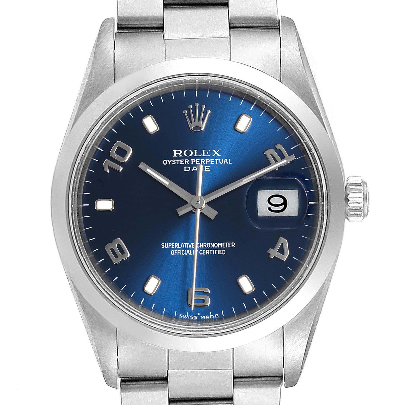 The image shows a frontal view of a Rolex Date 15200 Men's Stainless Steel Blue Dial 15200 Men's Stainless Steel Blue Dial model watch, highlighting the dial, hands, date window, crown, and part of the bracelet.