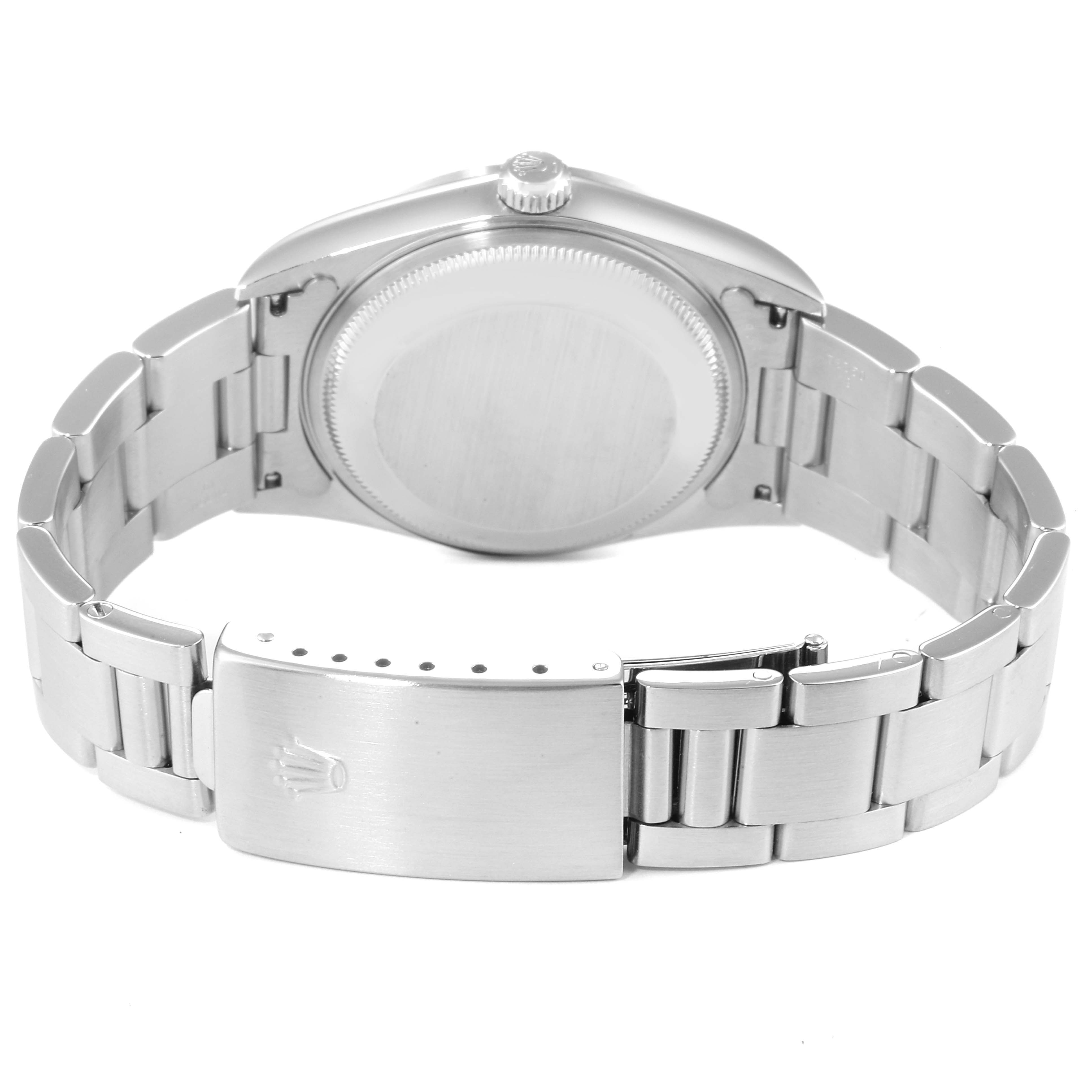 The image shows the back view of a Rolex Date 15200 Men's Stainless Steel Blue Dial 15200 Men's Stainless Steel Blue Dial model watch, highlighting its clasp and bracelet.