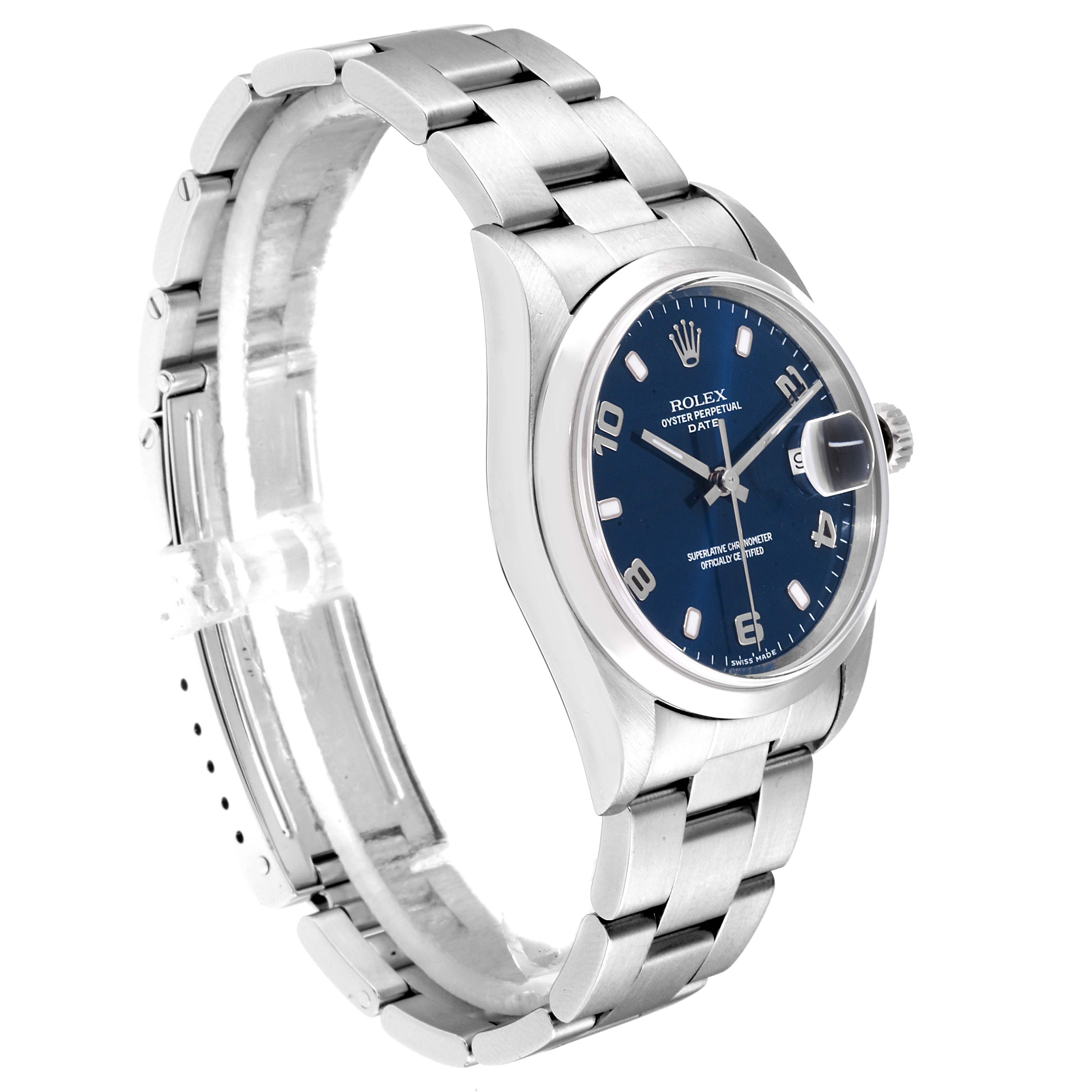 The image shows a Rolex Date 15200 Men's Stainless Steel Blue Dial 15200 Men's Stainless Steel Blue Dial model watch from a three-quarter angle, highlighting its face, bracelet, and clasp.
