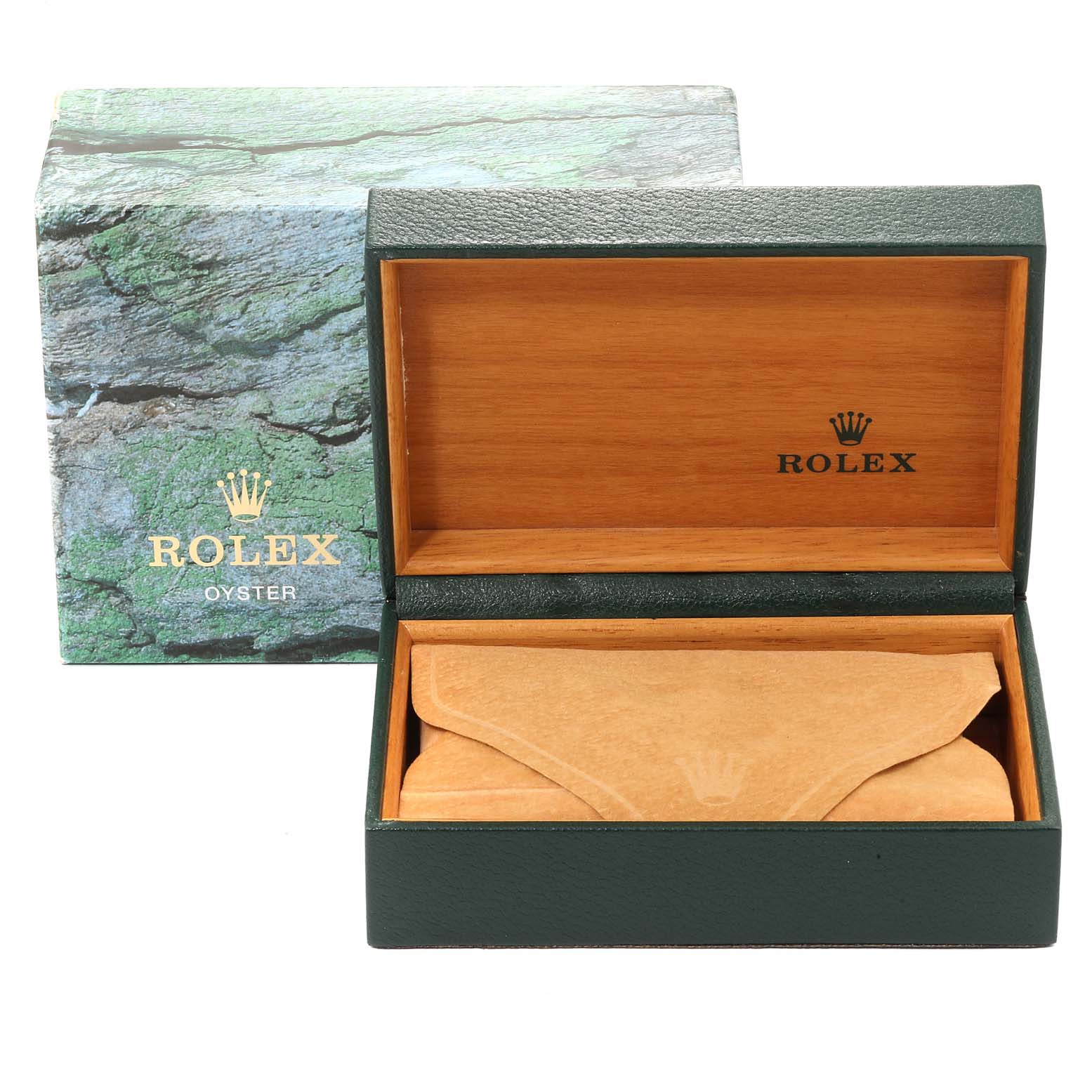 This image shows a Rolex Date 15200 Men's Stainless Steel Blue Dial 15200 Men's Stainless Steel Blue Dial model watch box with the lid open, and an outer Rolex branded box in the background.