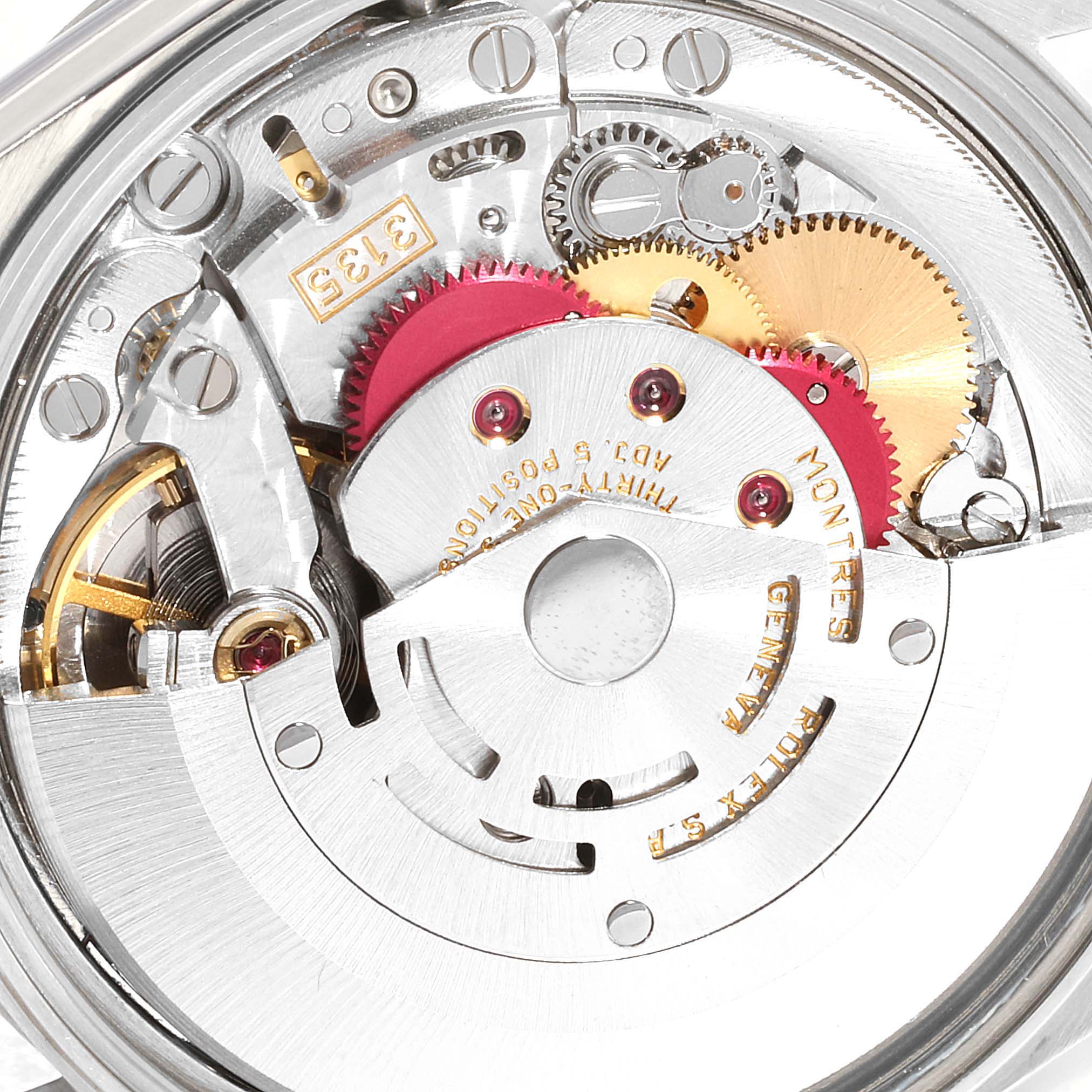 The image shows the intricate internal mechanics of a Rolex Date 15200 Men's Stainless Steel Blue Dial 15200 Men's Stainless Steel Blue Dial model watch, viewed from the back.