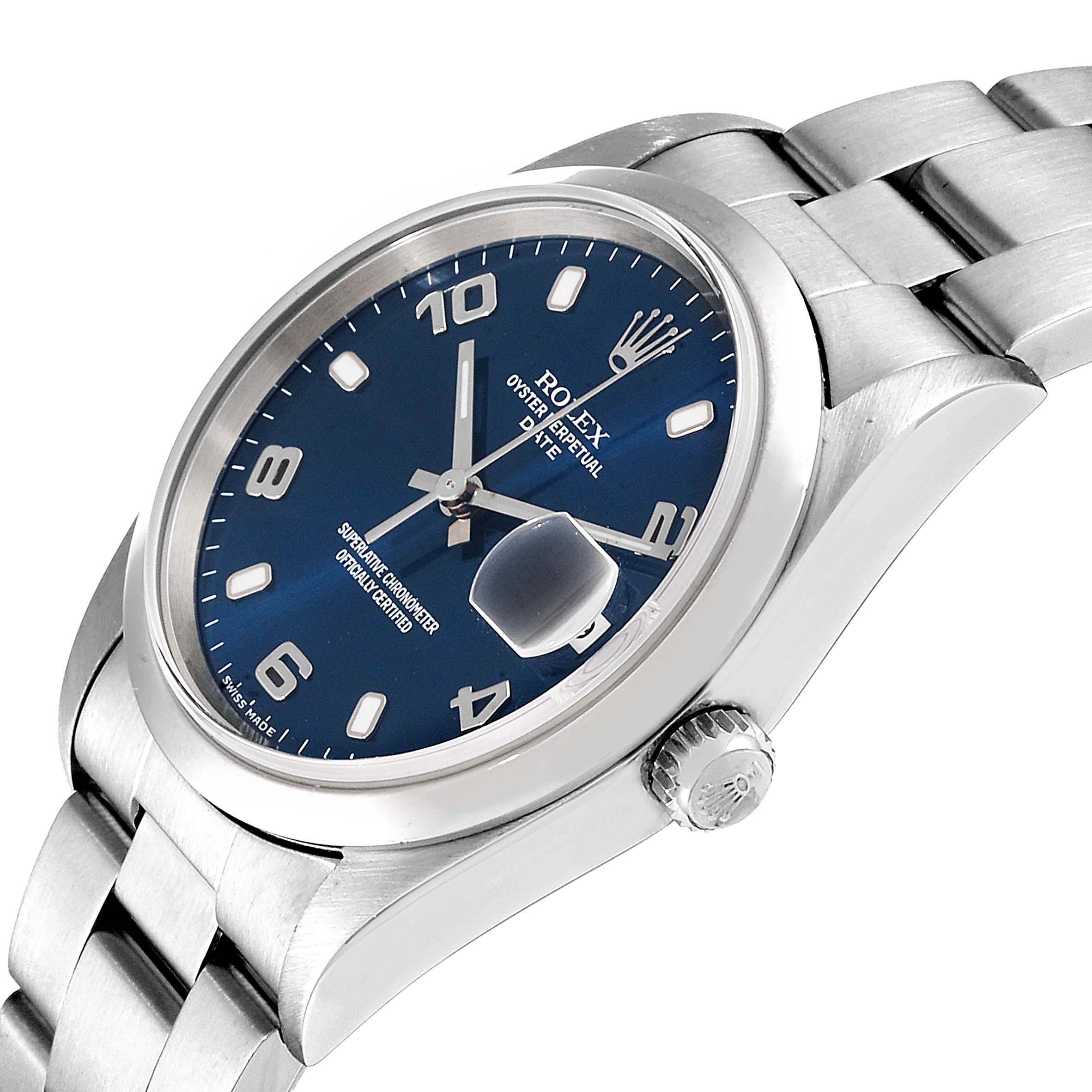 This Rolex Date 15200 Men's Stainless Steel Blue Dial 15200 Men's Stainless Steel Blue Dial model watch is shown from a side angle, highlighting its case, crown, dial, and bracelet.