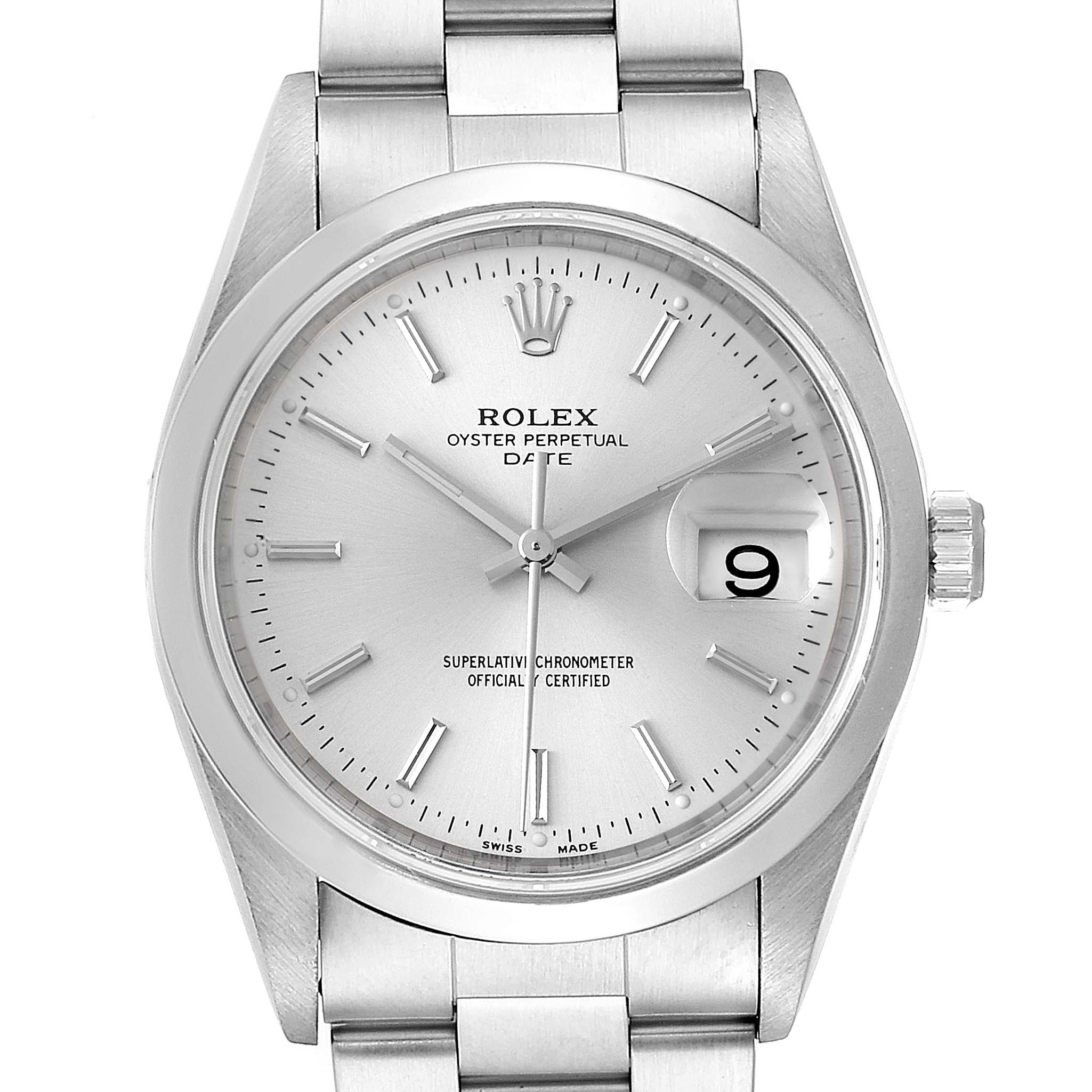 This image shows a front view of the Rolex Datejust 15200 Men's Stainless Steel Silver Dial 15200 Men's Stainless Steel Silver Dial watch, highlighting the dial, bezel, and part of the bracelet.