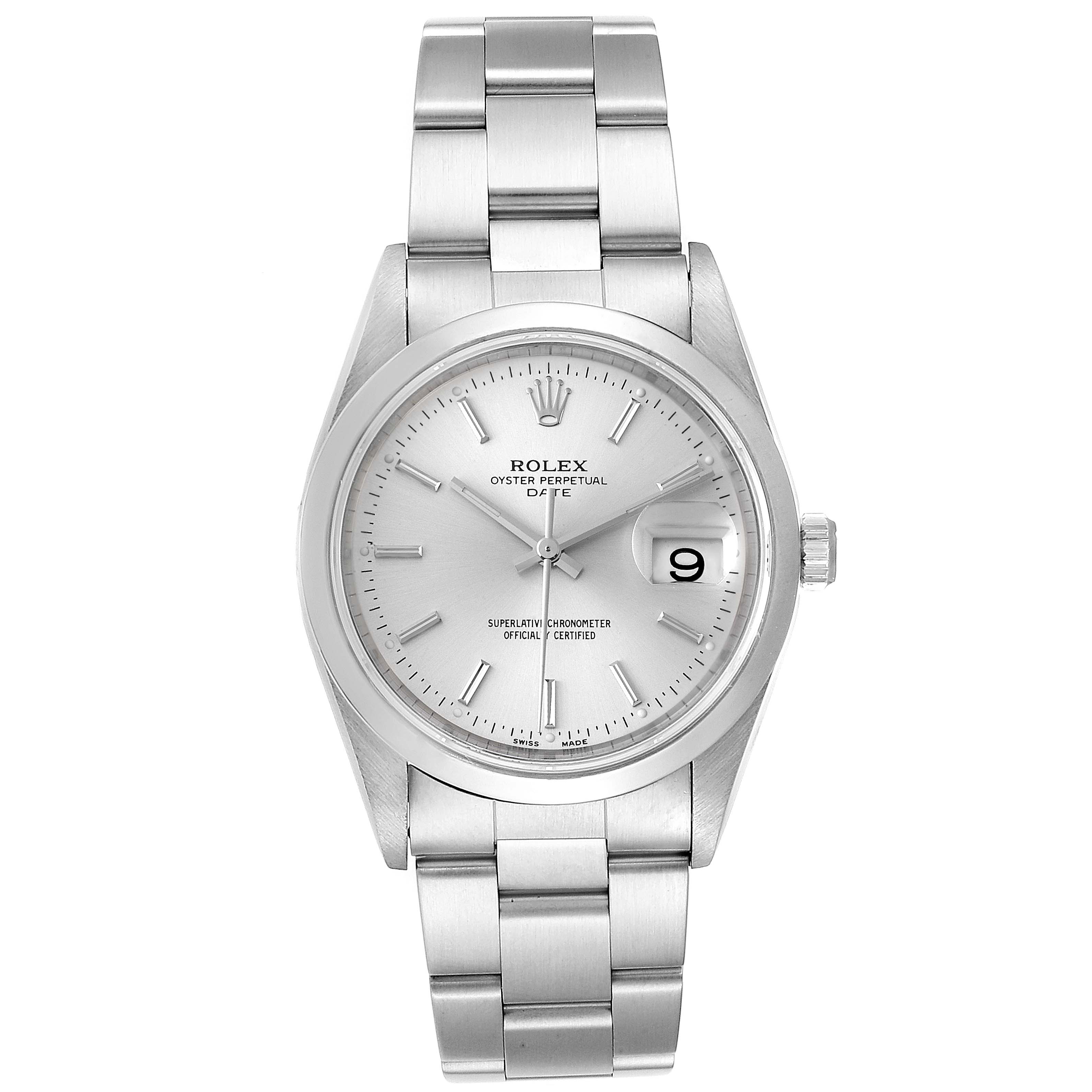 The Rolex Datejust 15200 Men's Stainless Steel Silver Dial 15200 Men's Stainless Steel Silver Dial watch is shown from a front-facing angle, displaying its silver dial, bezel, and metal bracelet.