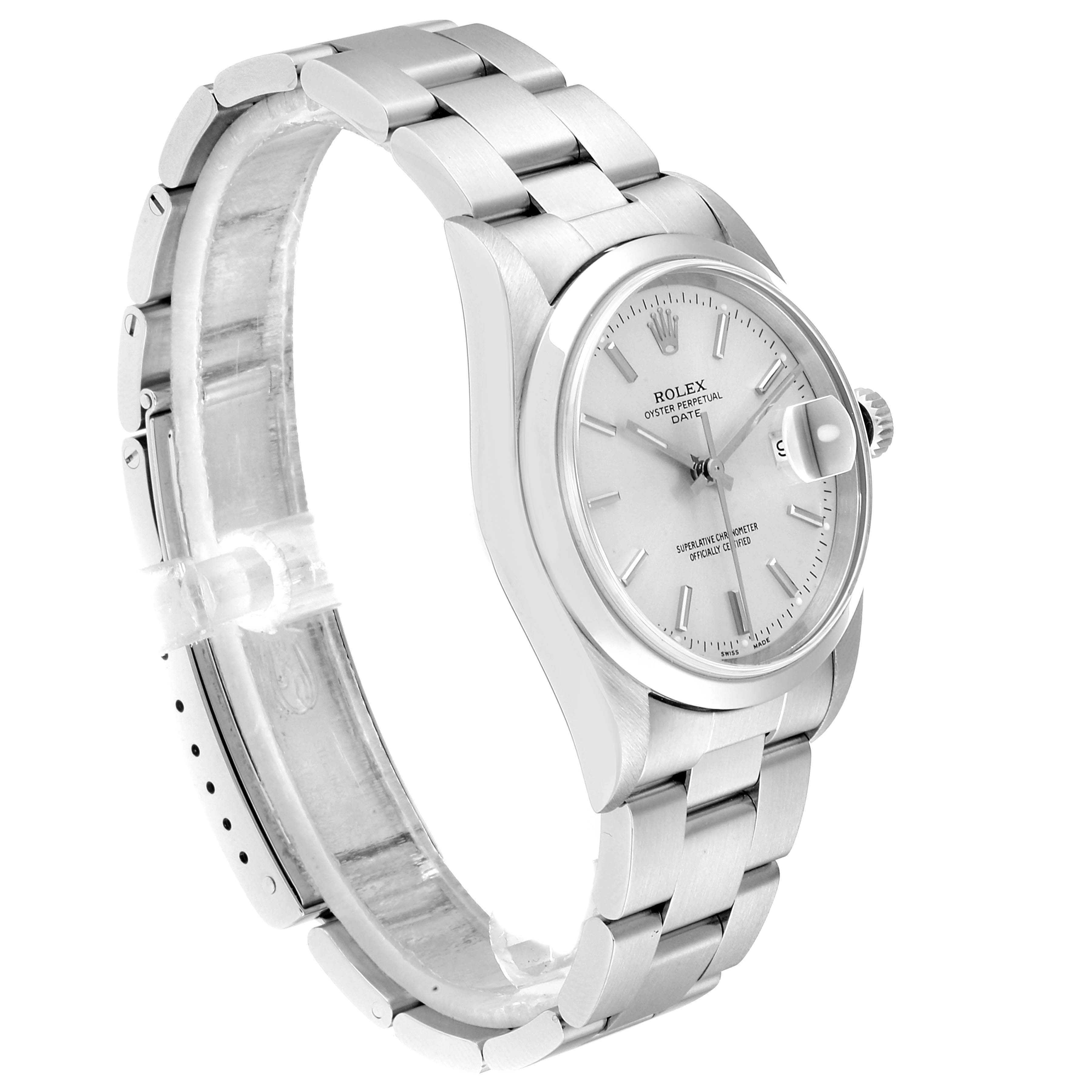 The image shows a stainless steel Rolex Datejust 15200 Men's Stainless Steel Silver Dial 15200 Men's Stainless Steel Silver Dial watch angled at about 45 degrees, displaying the face, crown, and bracelet.