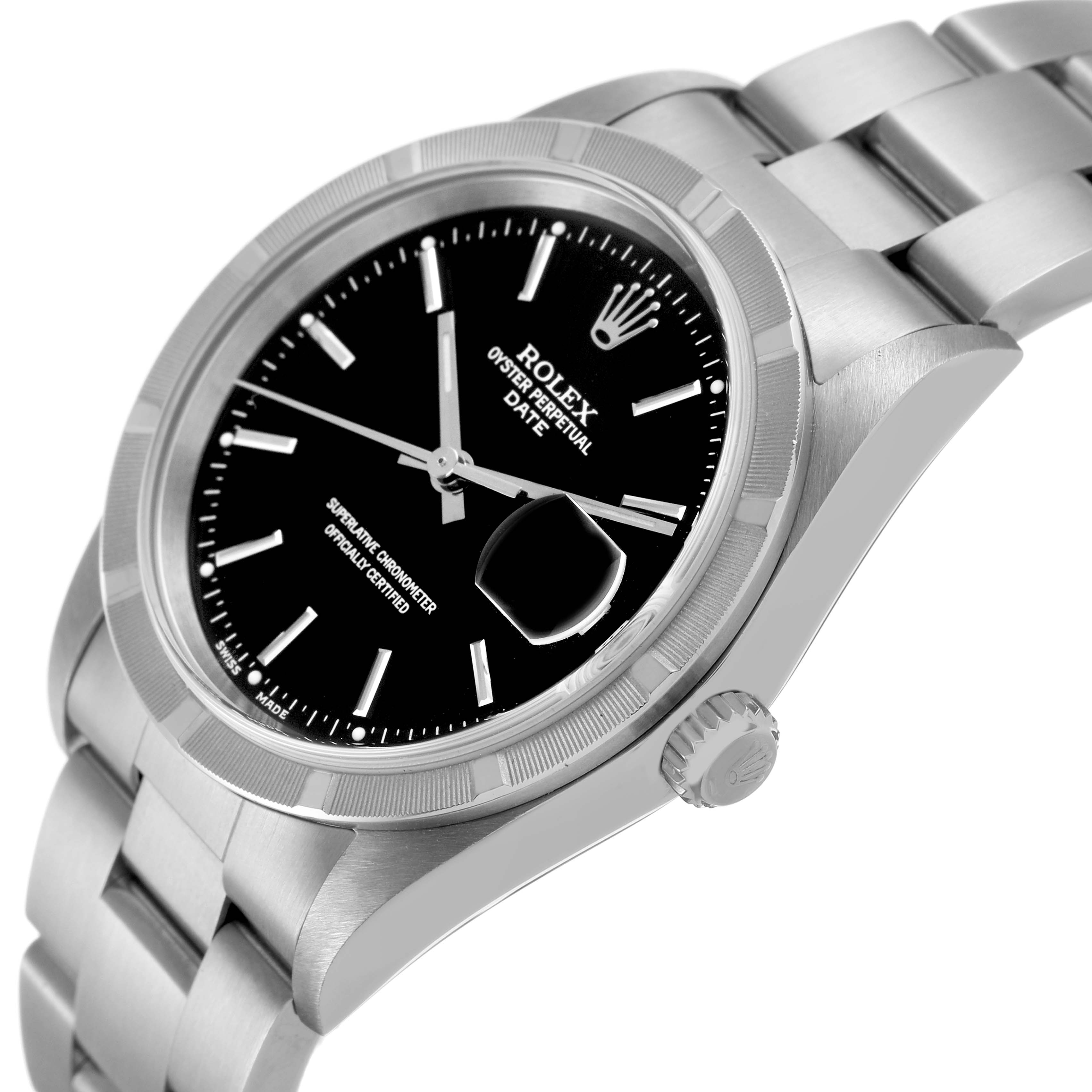 The Rolex Date 15210 Men's Stainless Steel Black Dial watch is shown at an angled view, highlighting the dial, bezel, crown, and part of the bracelet.
