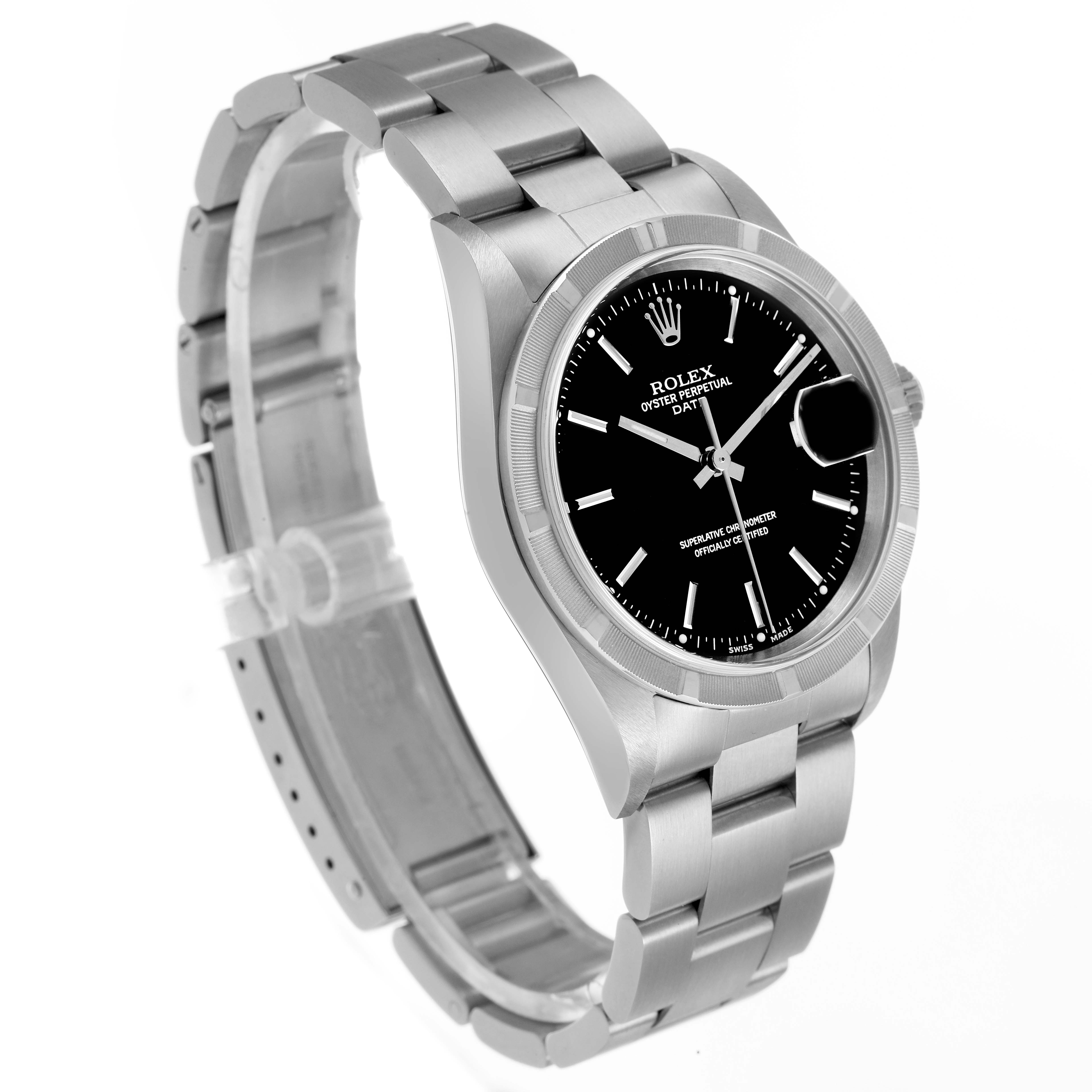 The Rolex Date 15210 Men's Stainless Steel Black Dial model watch is shown at a three-quarter angle, highlighting the dial, bezel, case, and bracelet.
