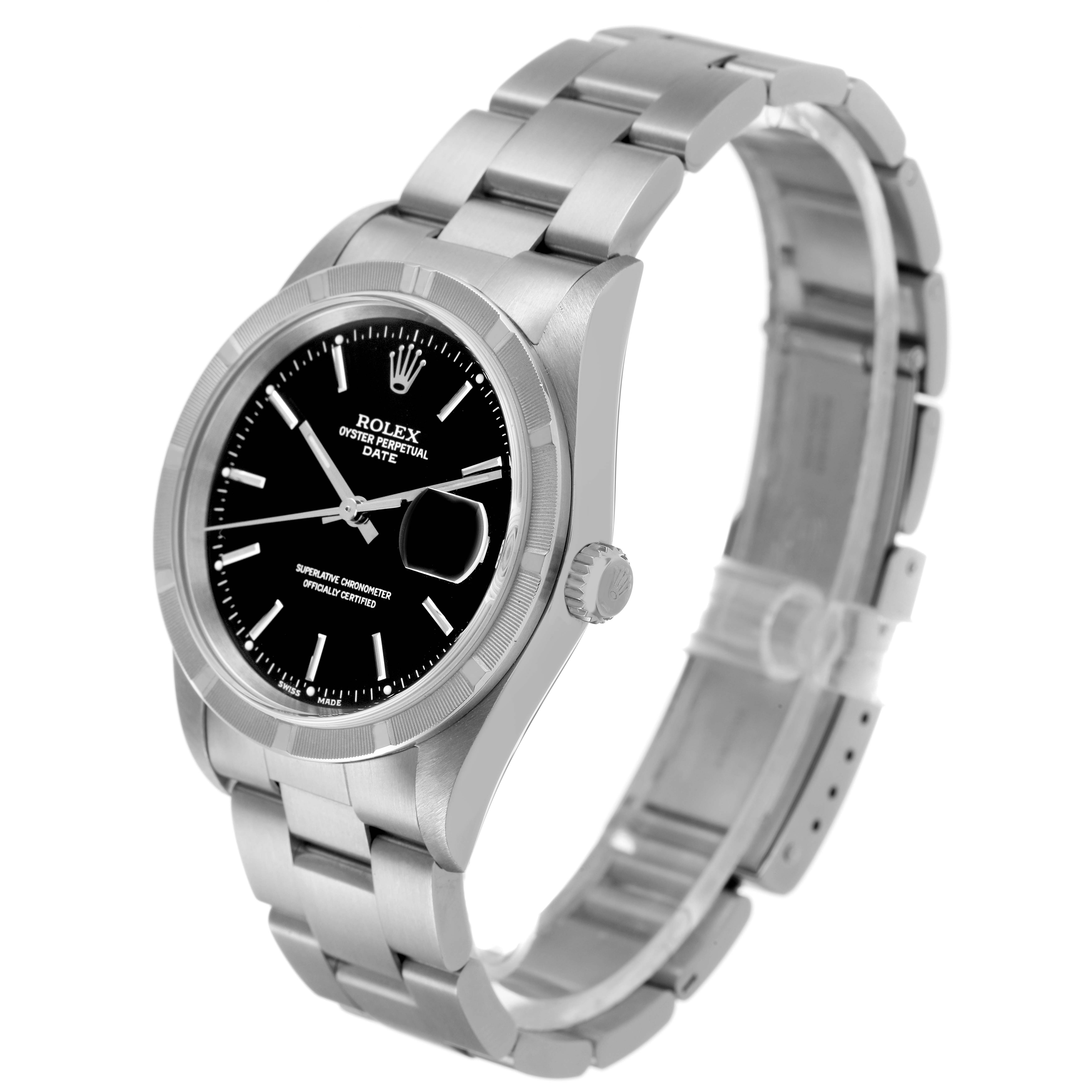 The Rolex Date 15210 Men's Stainless Steel Black Dial model watch is shown at a three-quarter angle, highlighting the face, bezel, crown, and bracelet.