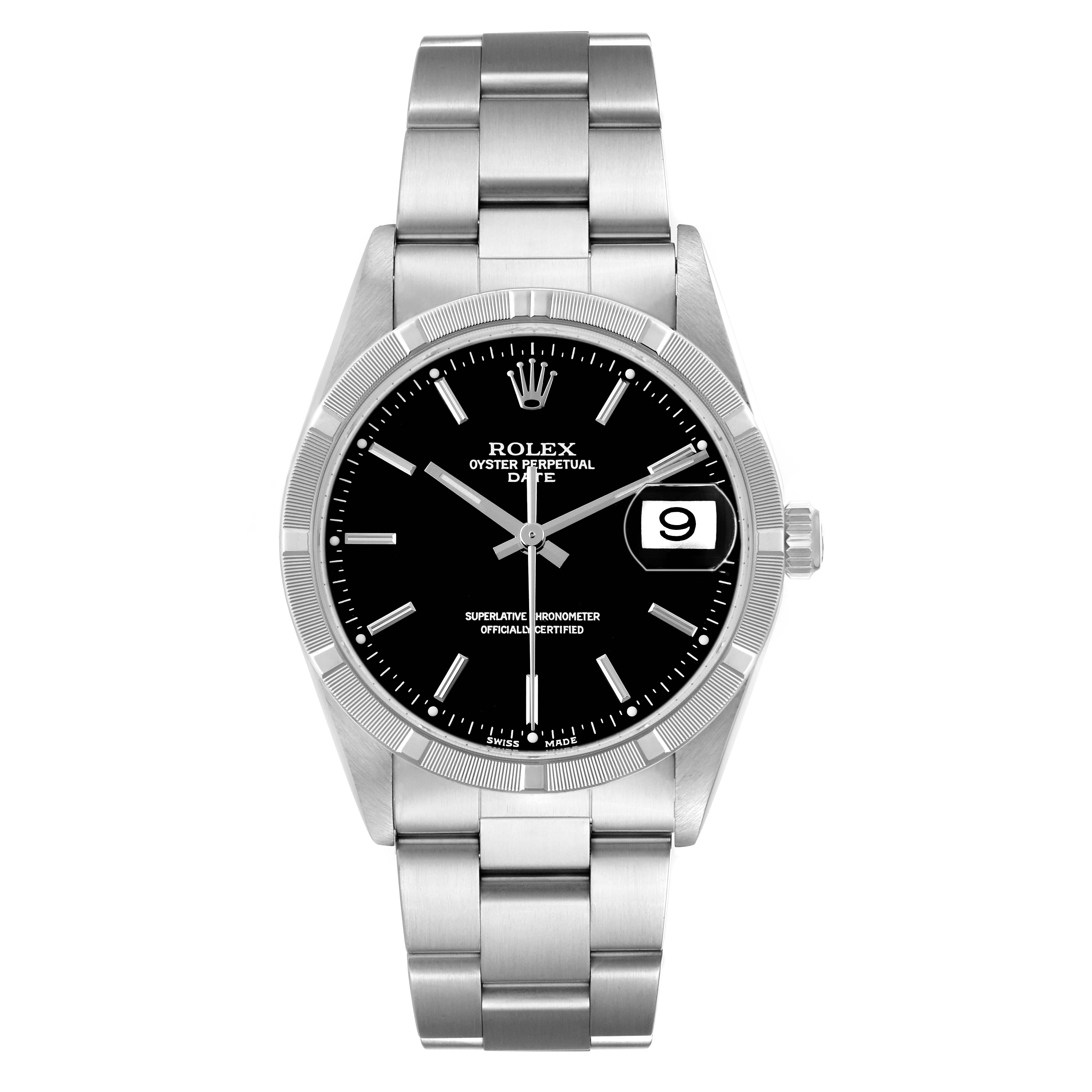 The Rolex Date 15210 Men's Stainless Steel Black Dial watch is shown from the front, highlighting the dial, bezel, bracelet, and date window.