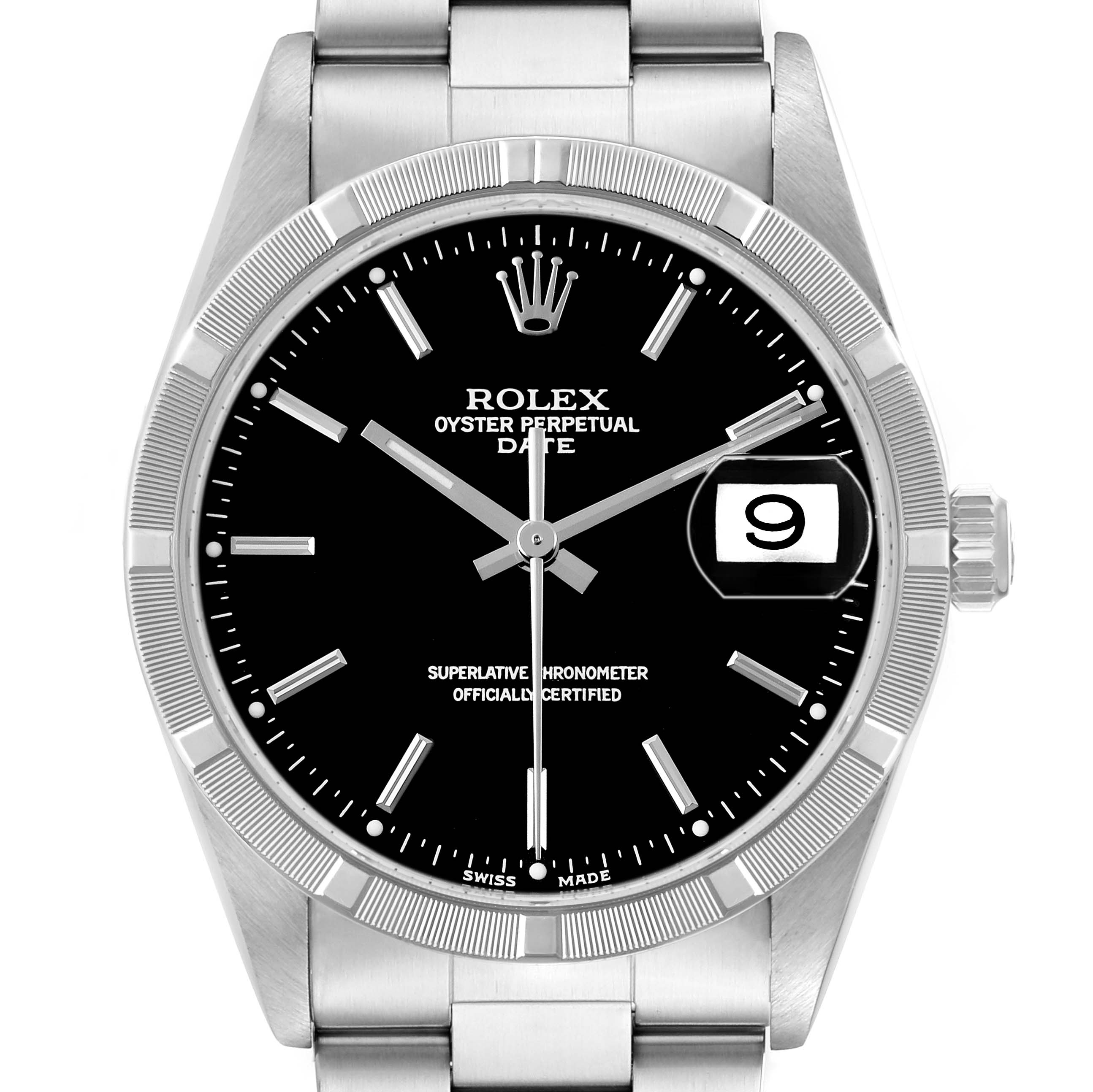 The Rolex Date 15210 Men's Stainless Steel Black Dial model is shown front-on, displaying the dial, hands, date window, bezel, and part of the bracelet.