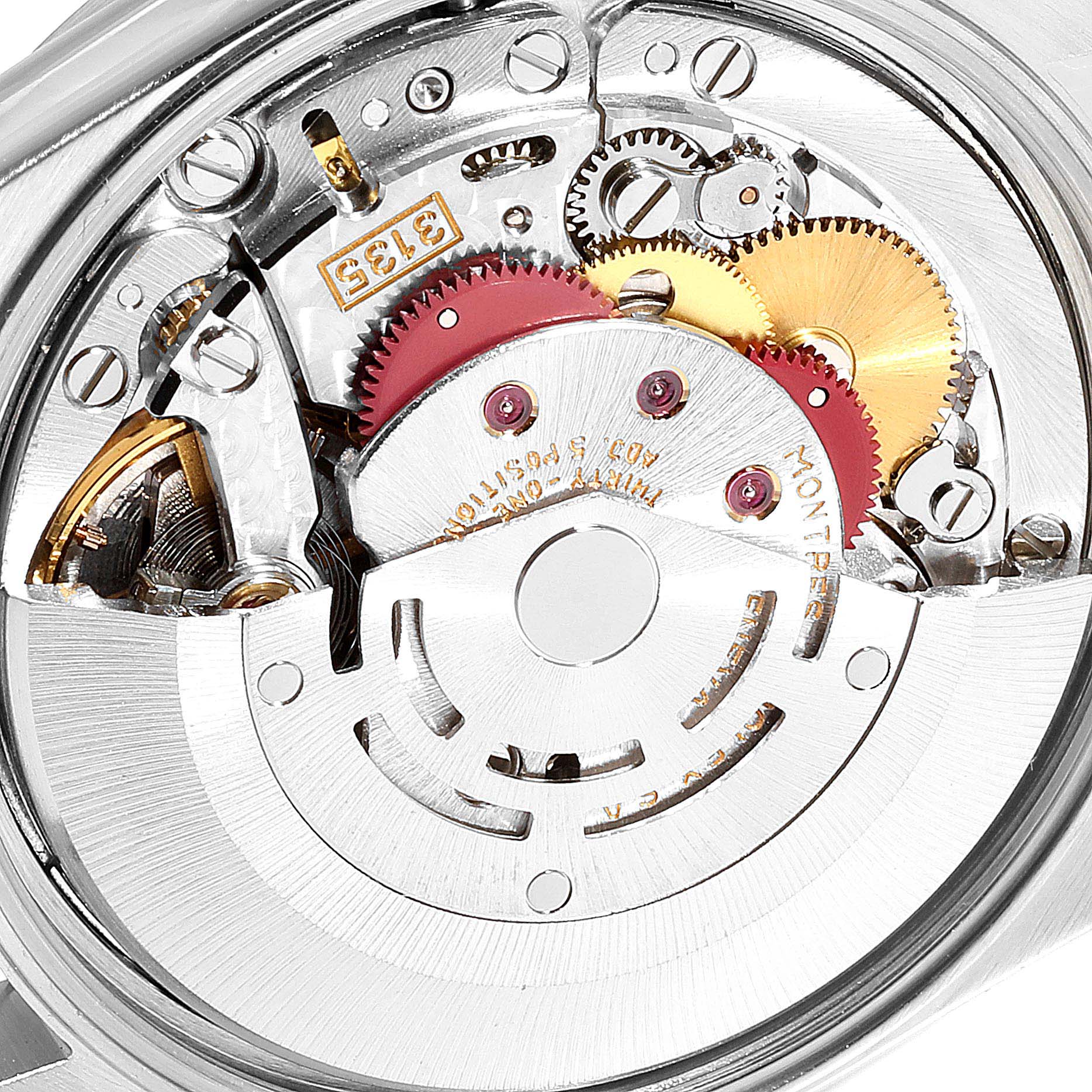 The image shows the internal mechanism of a Rolex Date 15200 Men's Stainless Steel White Dial 15200 Men's Stainless Steel White Dial model watch, highlighting gears and intricate components.