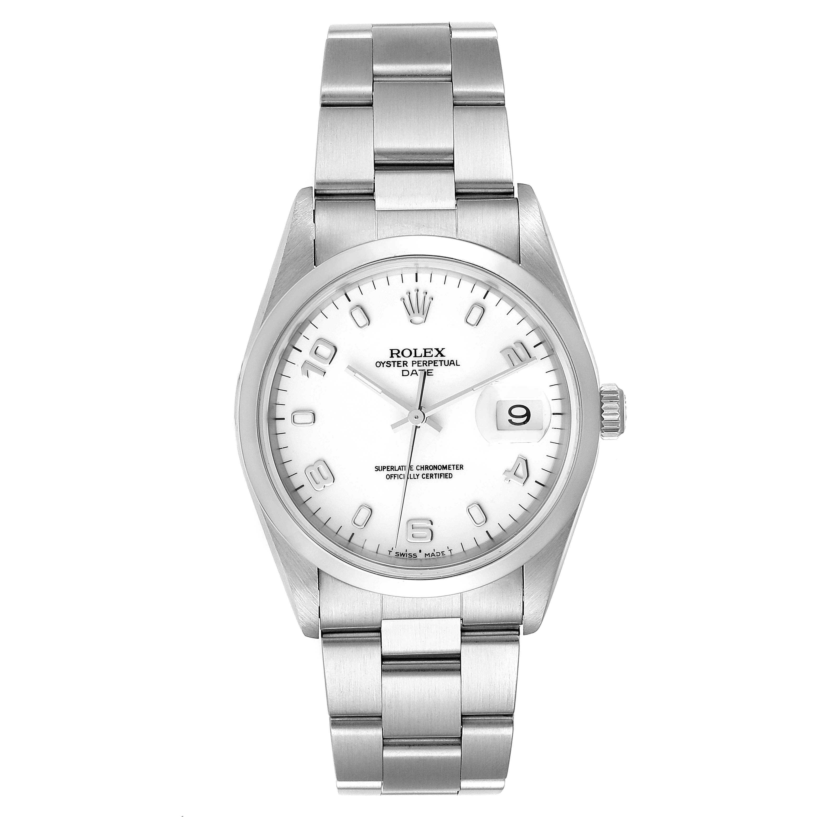 The image shows a front view of the Rolex Date 15200 Men's Stainless Steel White Dial 15200 Men's Stainless Steel White Dial watch, displaying its bracelet, dial, hands, and date window.