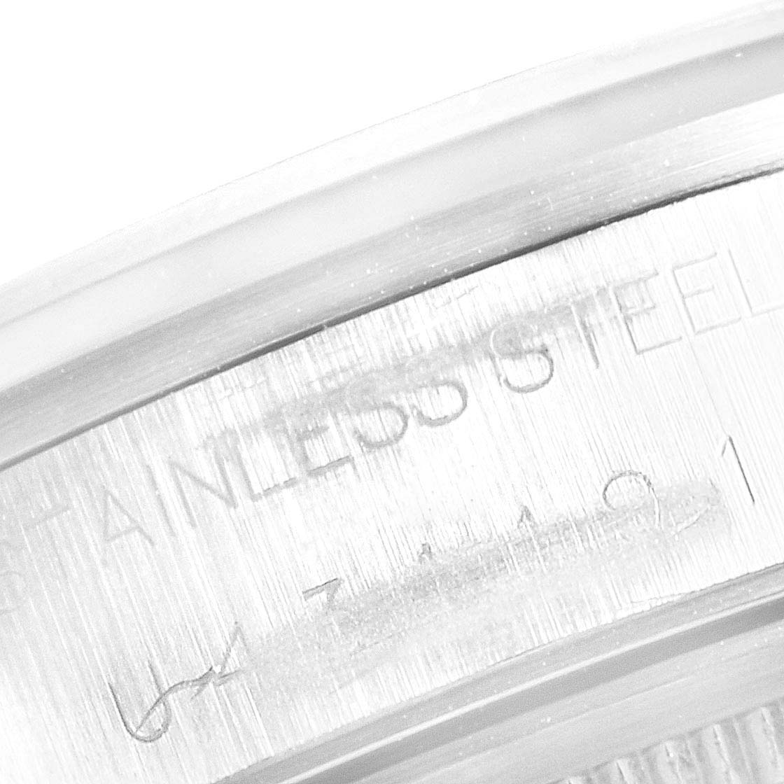This image shows a close-up of the side engraving on a Rolex Date 15200 Men's Stainless Steel White Dial 15200 Men's Stainless Steel White Dial model watch in stainless steel.