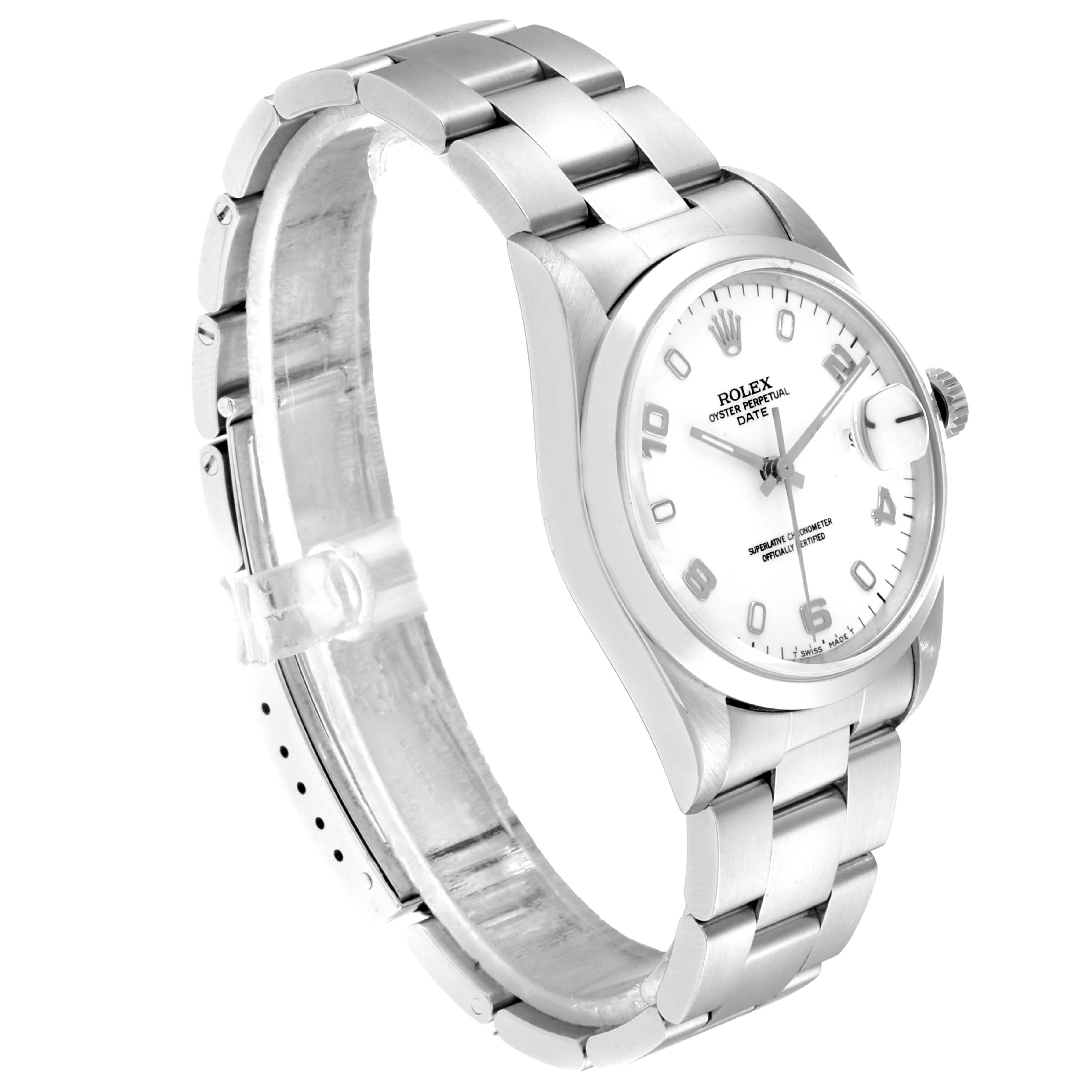 The image shows a side-angle view of the Rolex Date 15200 Men's Stainless Steel White Dial 15200 Men's Stainless Steel White Dial model watch, featuring its bracelet, case, and dial with a date magnifier.