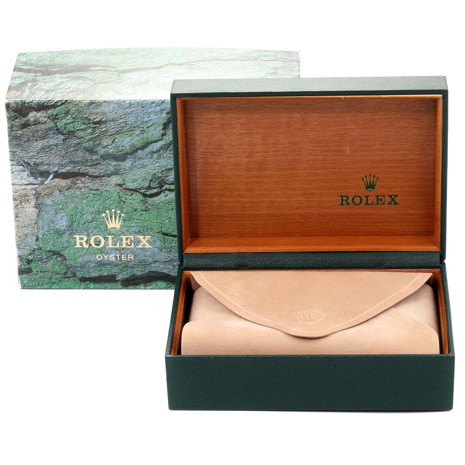 The image shows an open Rolex Date 15200 Men's Stainless Steel White Dial 15200 Men's Stainless Steel White Dial model box revealing a suede pouch, with an outer Rolex Oyster box also visible.