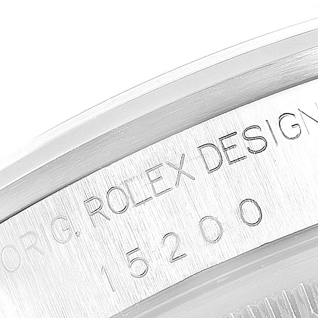 This close-up shows the case side of the Rolex Date 15200 Men's Stainless Steel White Dial 15200 Men's Stainless Steel White Dial model, highlighting the serial and design numbers.