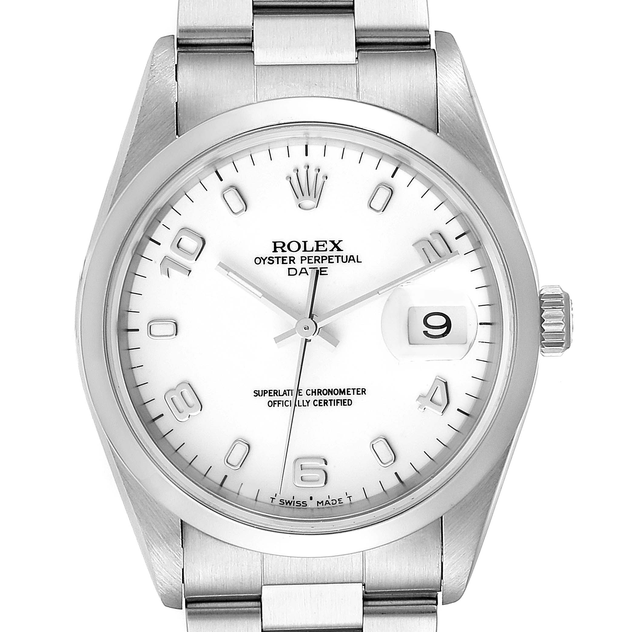 This Rolex Date 15200 Men's Stainless Steel White Dial 15200 Men's Stainless Steel White Dial model is shown in a close-up, displaying the dial, crown, and part of the bracelet from a frontal angle.