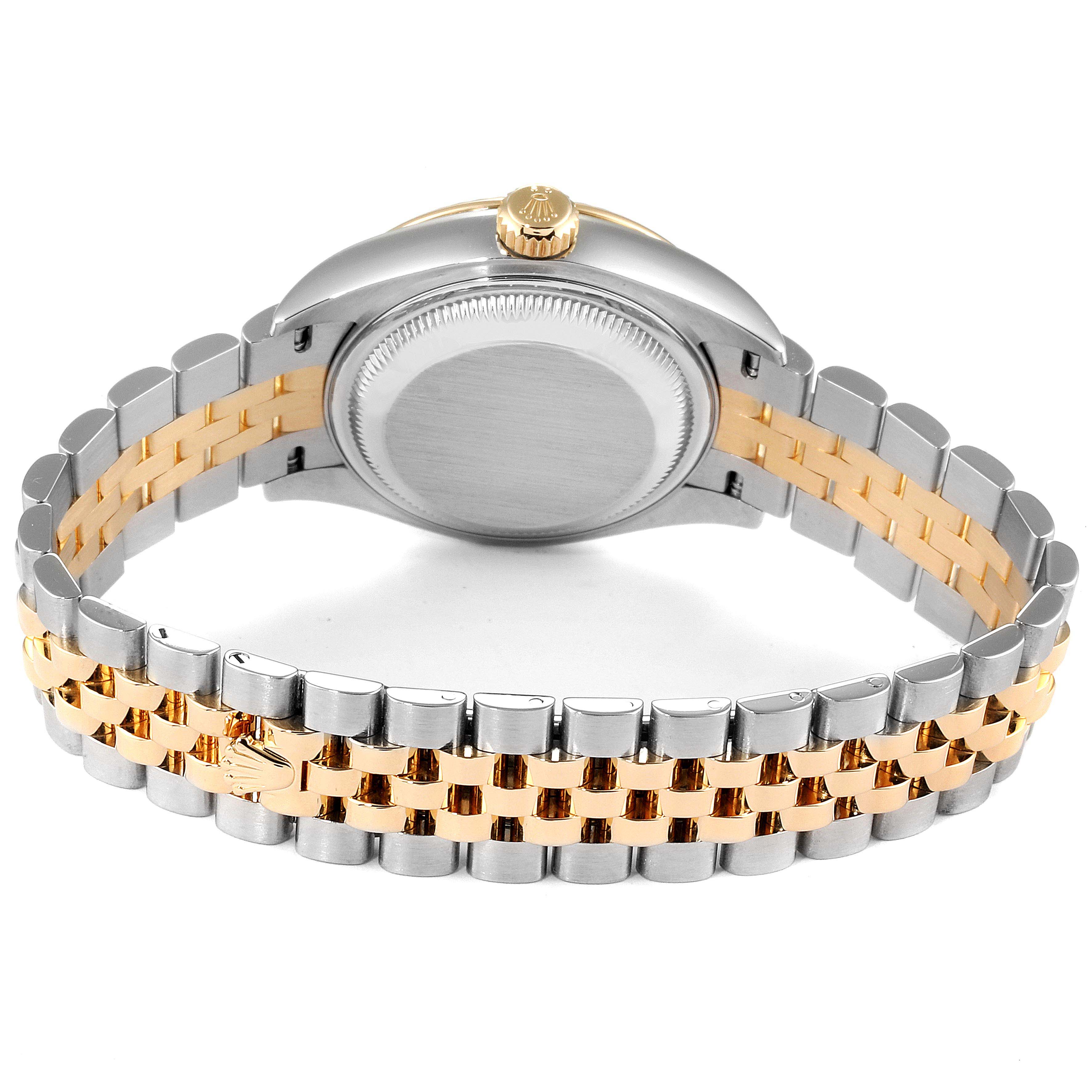 This image shows the back and bracelet of a Rolex Datejust 279173 Women's Steel and Gold (two tone) Green Dial 279173 Women's Steel and Gold (two tone) Green Dial watch, highlighting its two-tone metal links and clasp.