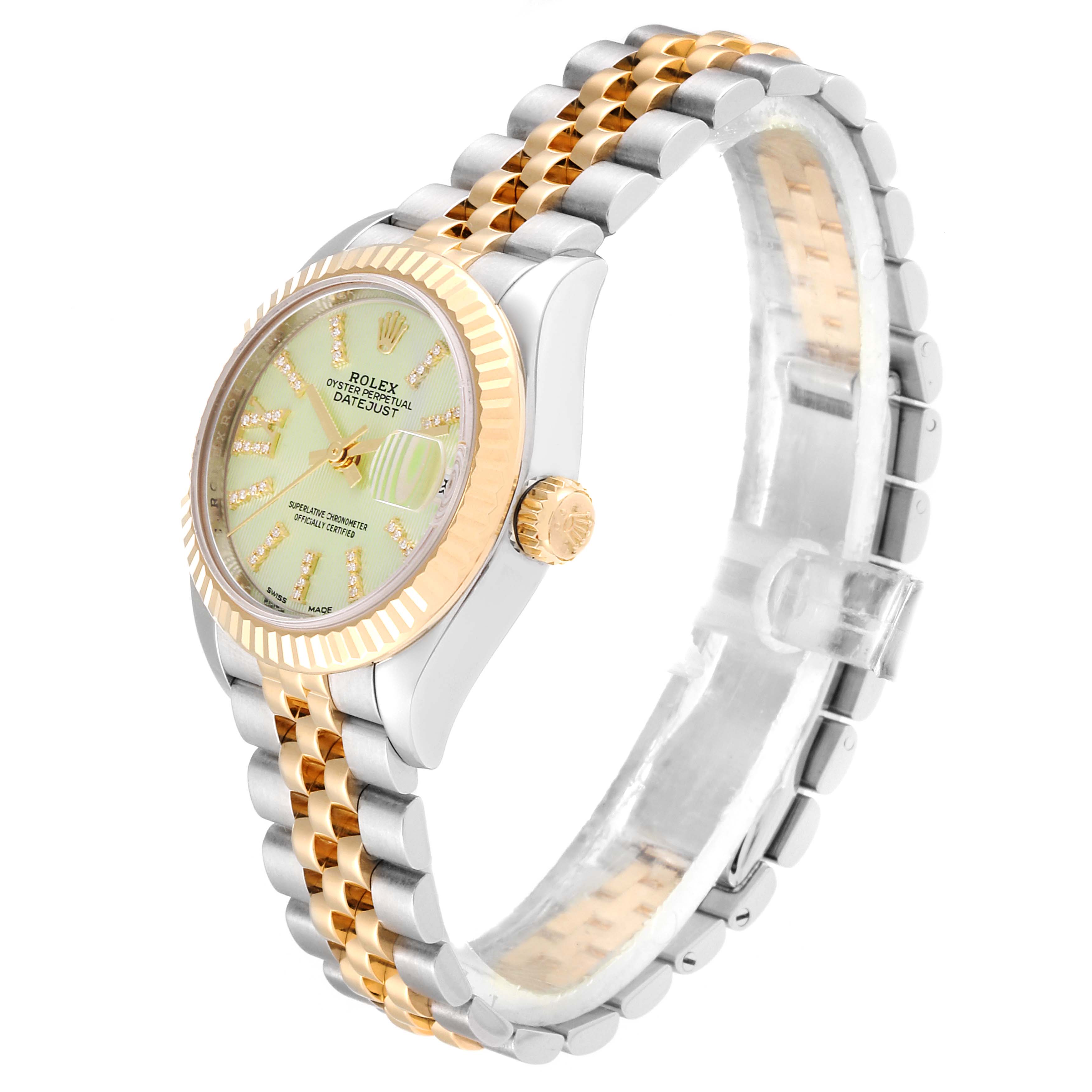 The image shows the side view of a Rolex Datejust 279173 Women's Steel and Gold (two tone) Green Dial 279173 Women's Steel and Gold (two tone) Green Dial watch, highlighting its bracelet, crown, and dial.