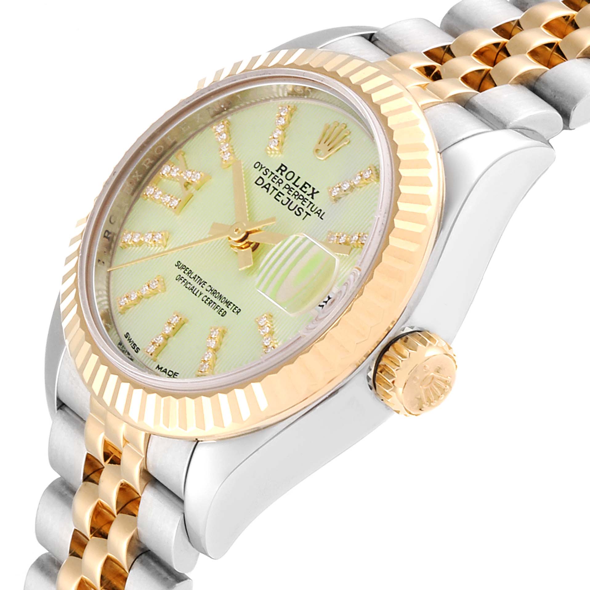 The image shows a side angle of the Rolex Datejust 279173 Women's Steel and Gold (two tone) Green Dial 279173 Women's Steel and Gold (two tone) Green Dial watch, highlighting the dial, bezel, crown, and part of the bracelet.
