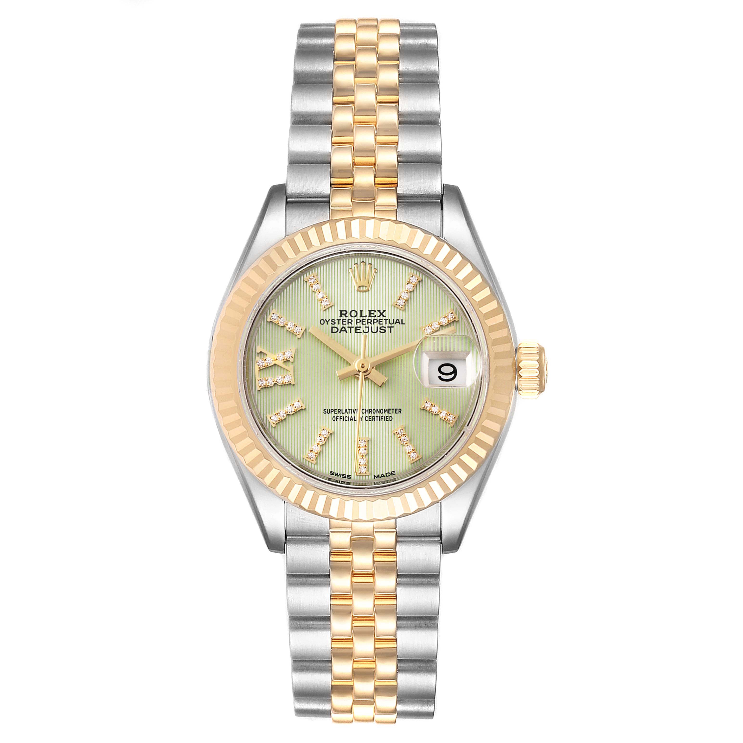 This image shows a front view of a Rolex Datejust 279173 Women's Steel and Gold (two tone) Green Dial 279173 Women's Steel and Gold (two tone) Green Dial watch, featuring a two-tone bracelet and a dial with a date window.