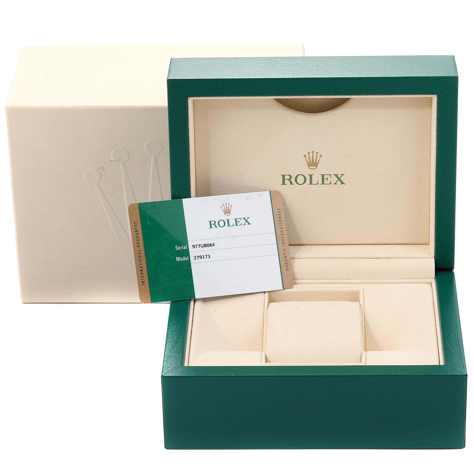 The image shows a Rolex Datejust 279173 Women's Steel and Gold (two tone) Green Dial 279173 Women's Steel and Gold (two tone) Green Dial watch box, an authenticity card, and an outer packaging box.