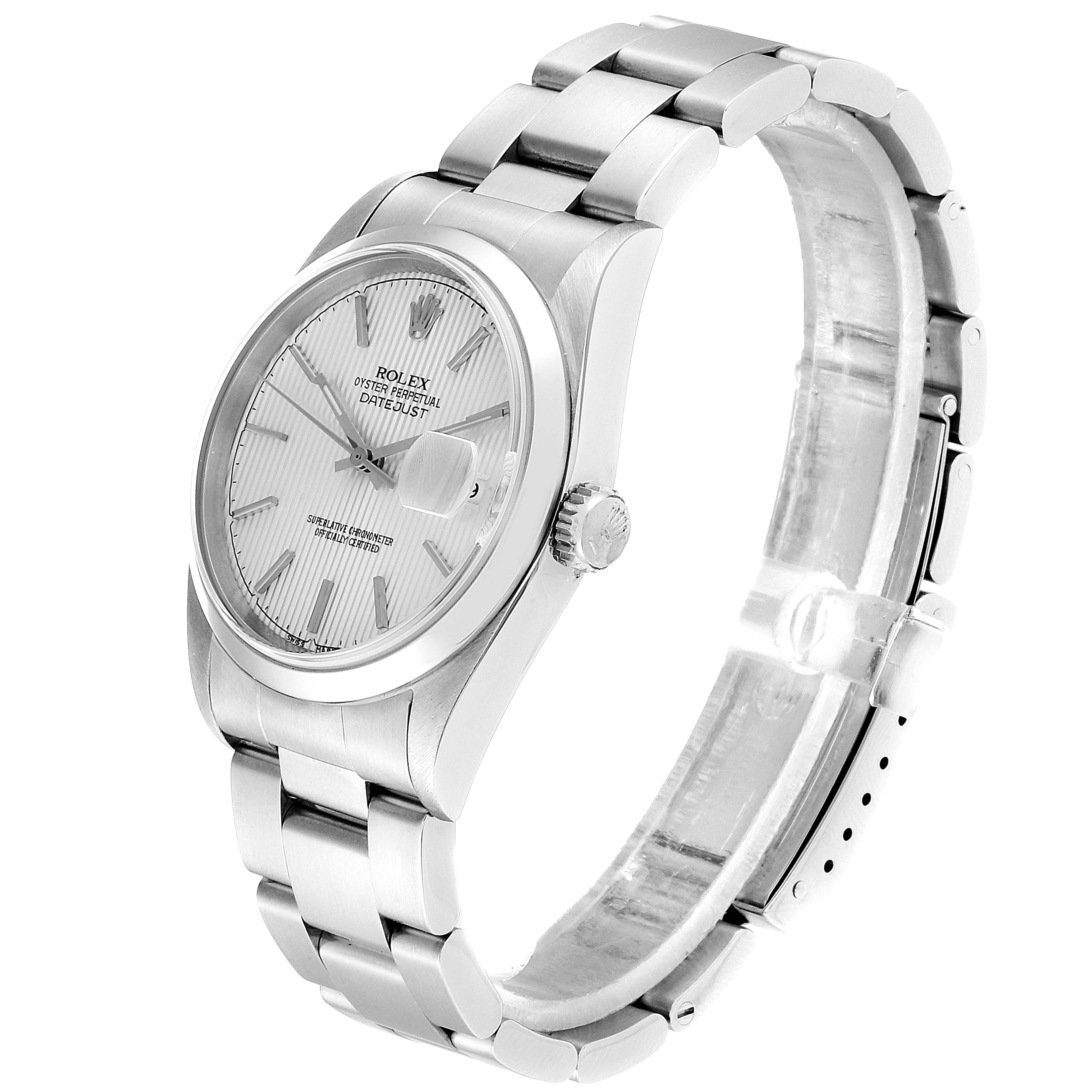 The Rolex Datejust 16200 Men's Stainless Steel Silver Dial 16200 Men's Stainless Steel Silver Dial watch is shown at a three-quarter angle, displaying its bracelet, crown, and face with date display.