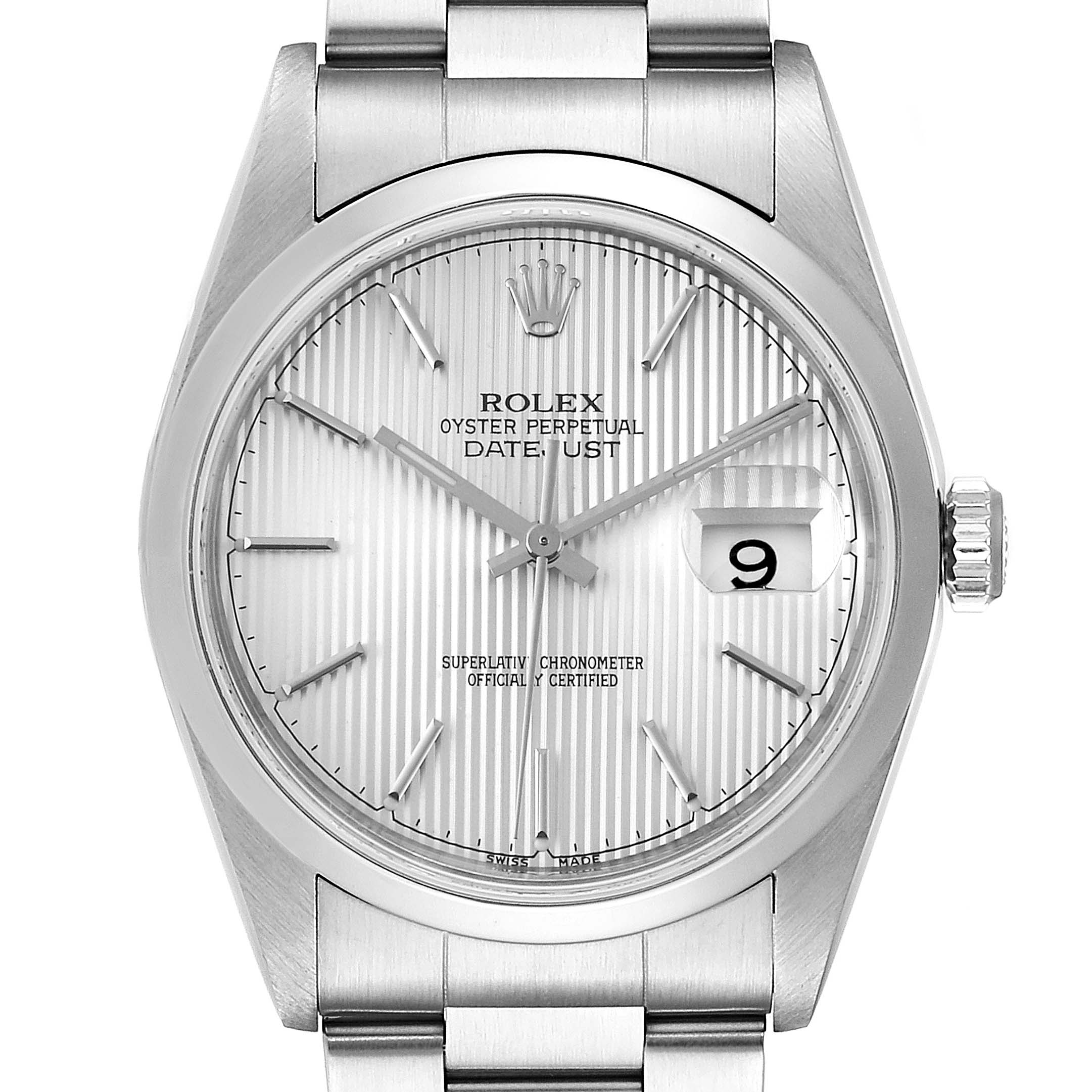 This image shows a front view of a Rolex Datejust 16200 Men's Stainless Steel Silver Dial 16200 Men's Stainless Steel Silver Dial model watch, highlighting the dial, hands, date display, and part of the bracelet.