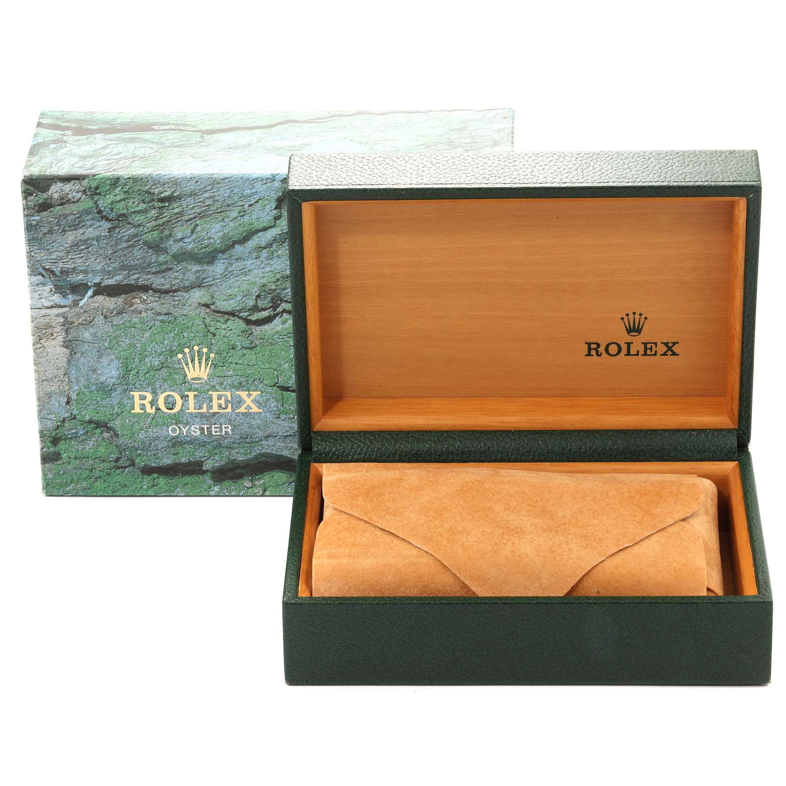 This image shows a Rolex Datejust 16200 Men's Stainless Steel Silver Dial 16200 Men's Stainless Steel Silver Dial watch box and the green outer sleeve, with an inner leather pouch inside the box.