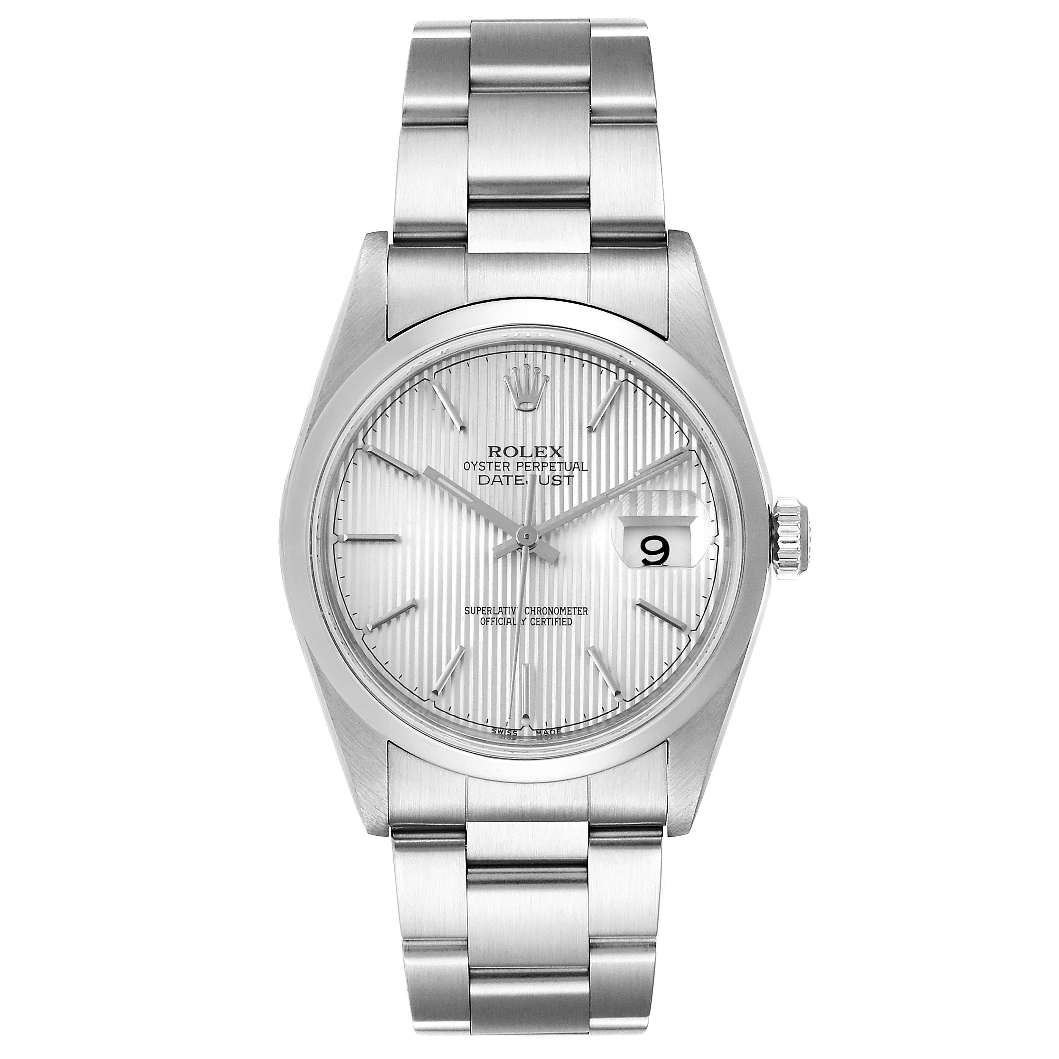 The image shows a front view of the Rolex Datejust 16200 Men's Stainless Steel Silver Dial 16200 Men's Stainless Steel Silver Dial watch, highlighting its dial, bezel, bracelet, and crown.