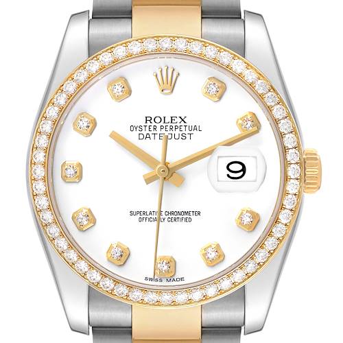 The Rolex Datejust 116243 Men's Steel and Gold (two tone) White Dial watch is shown from a front angle, highlighting the dial, diamond bezel, and bracelet.