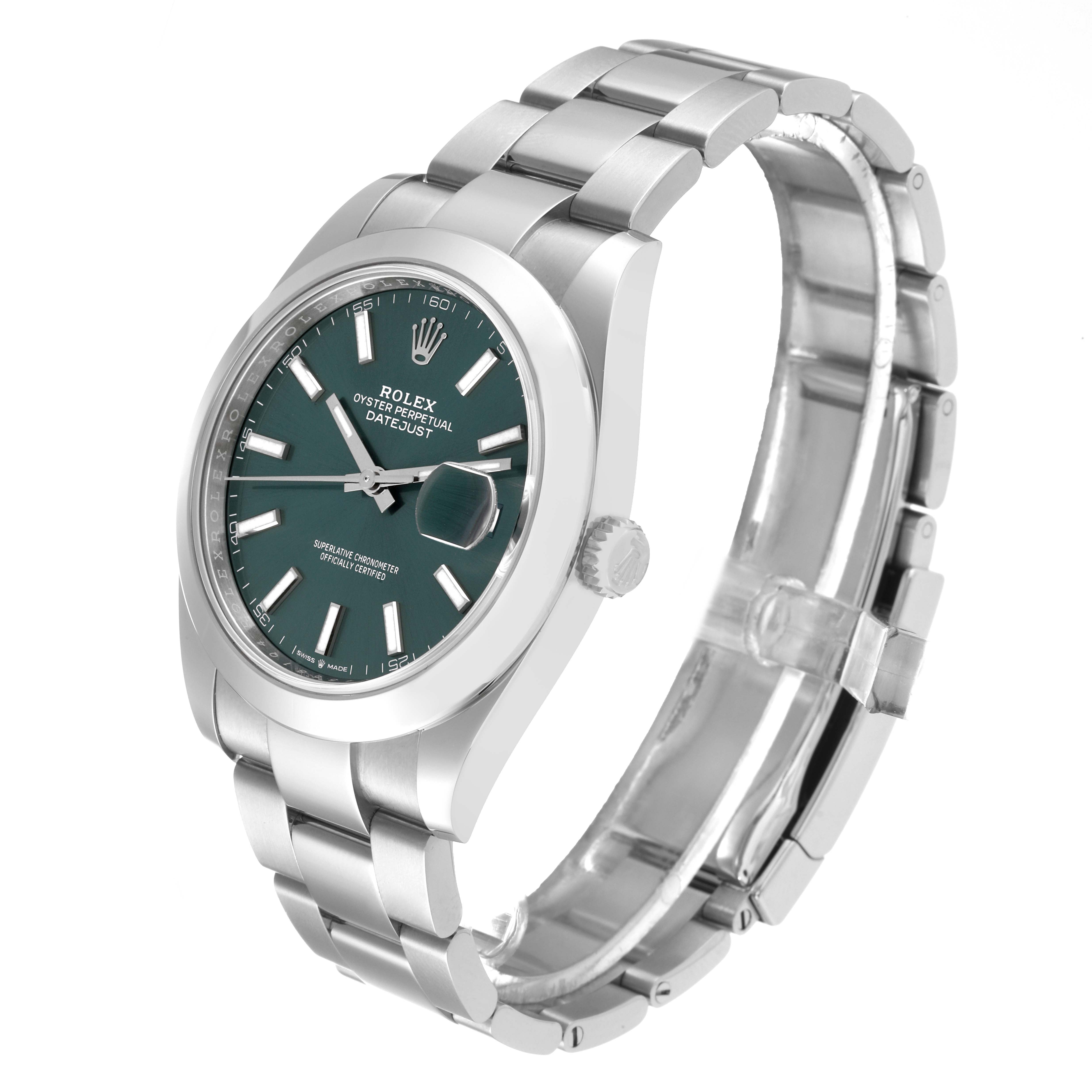 The Rolex Datejust 41 126300 Men's Stainless Steel Green Dial 126300 Men's Stainless Steel Green Dial model is shown at an angled front view, highlighting the dial, crown, and bracelet.