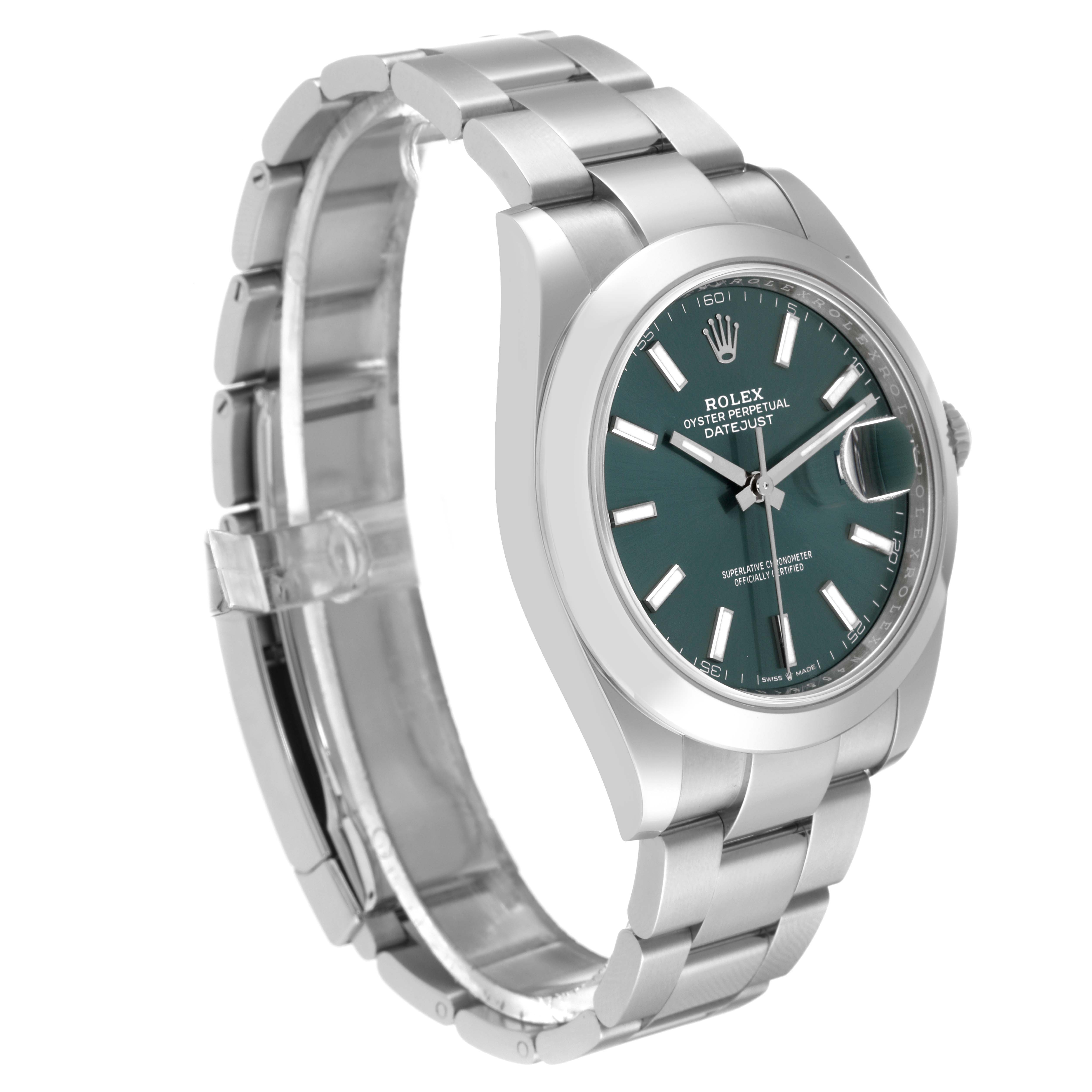 The Rolex Datejust 41 126300 Men's Stainless Steel Green Dial 126300 Men's Stainless Steel Green Dial is shown at an angled side view, displaying its green dial, bracelet, and clasp.